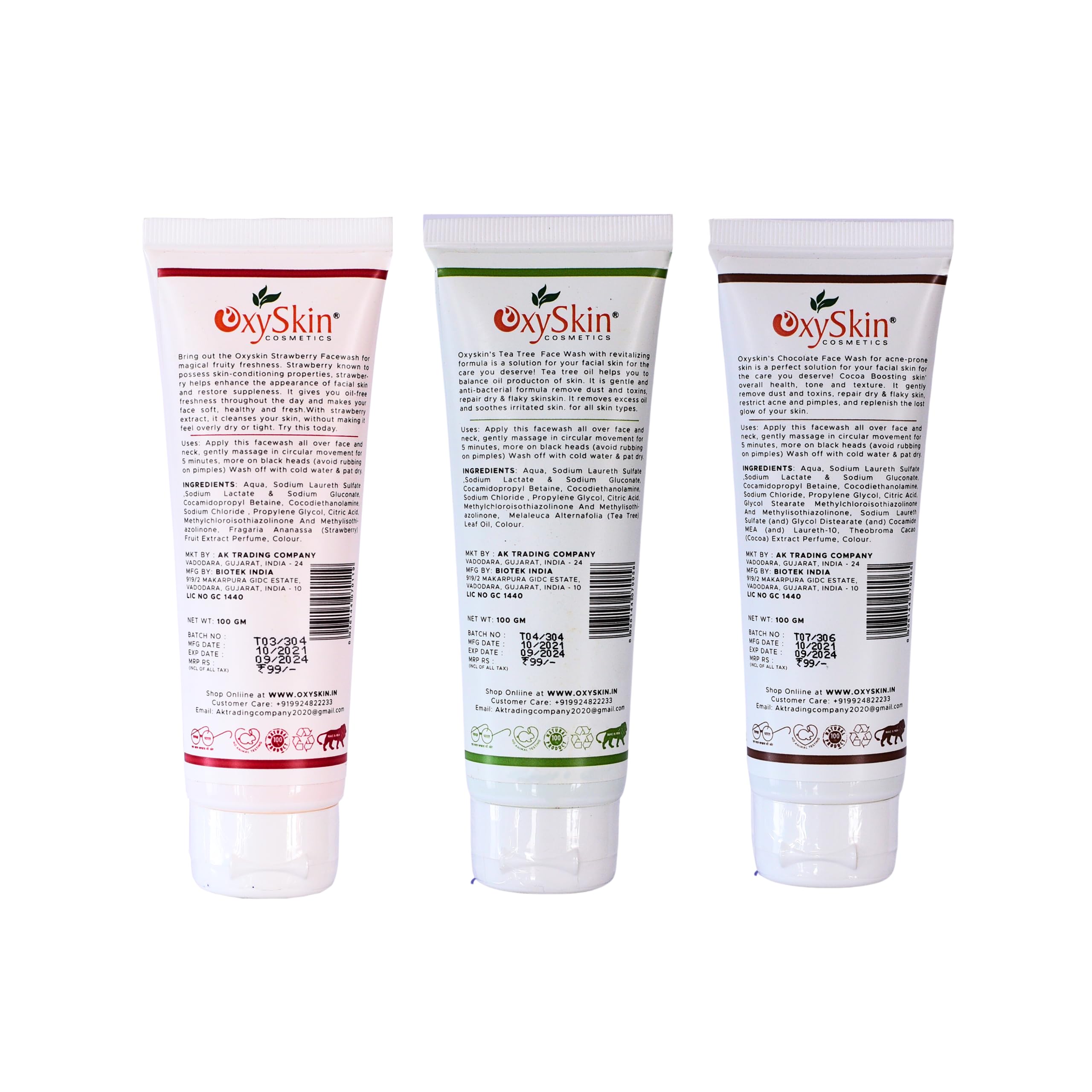 Oxyskin Cosmetics 3-Pack Face Wash Set - Strawberry, Tea Tree & Chocolate for Acne & Glowing Skin | Gentle Cleansing for Daily Skincare Routine