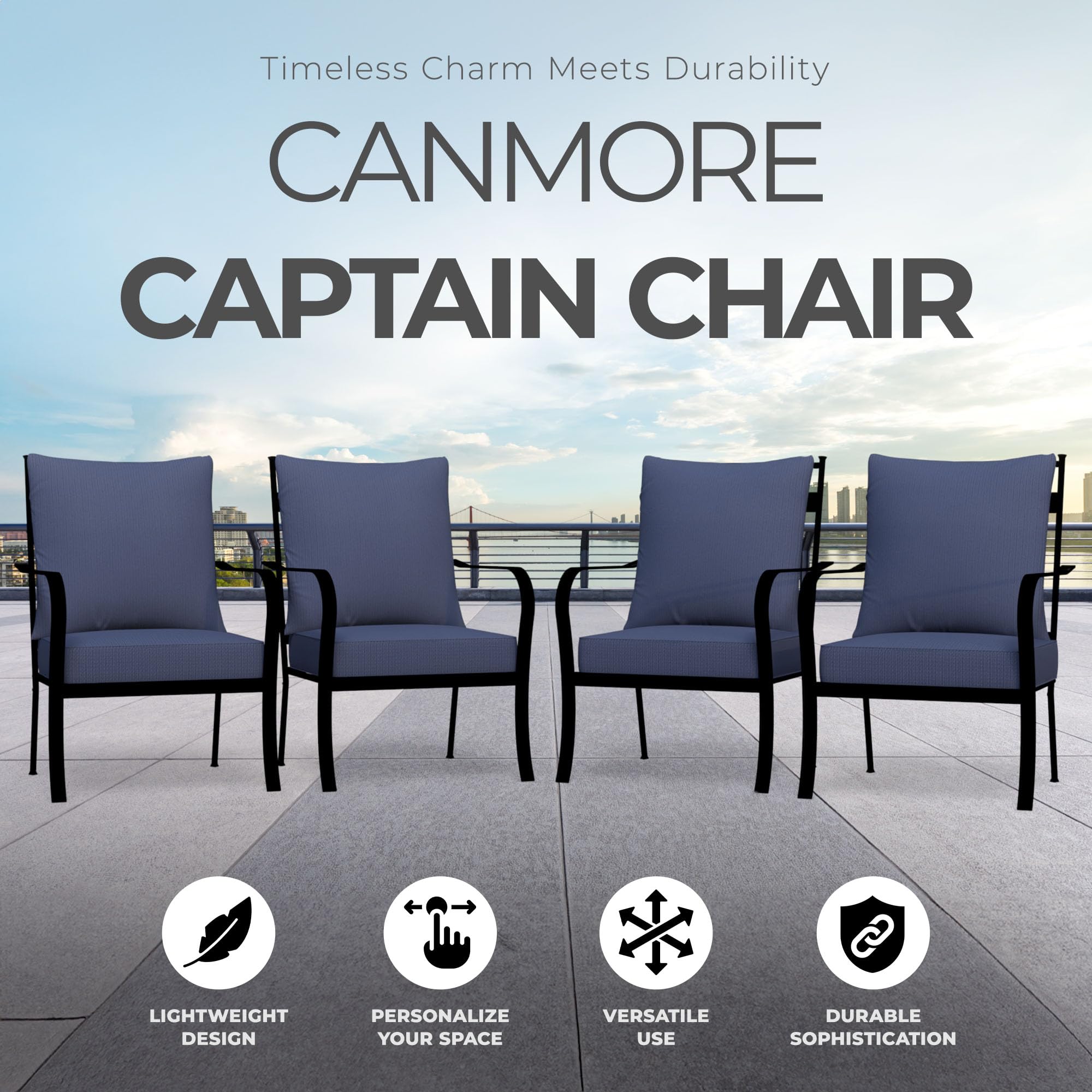 Canmore Captain Outdoor Patio Arm Chairs 4-Pack - Durable Aluminum Frame with Comfortable Olefin Cushions - Blue Backyard Furniture Set for Poolside, Garden & Deck Relaxation