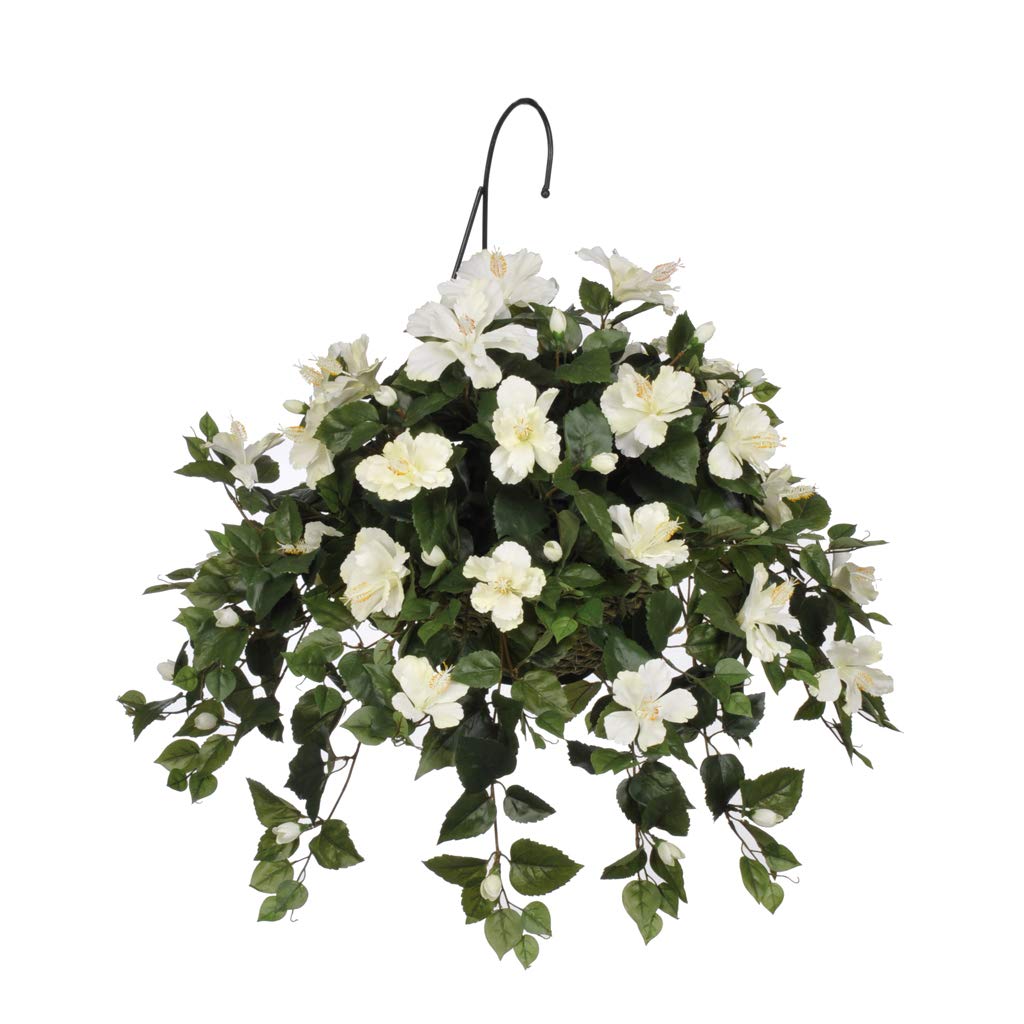 House of Silk Flowers Artificial Cream Hibiscus in White Water Hyacinth Hanging Basket - Perfect for Patio, Porch, and Garden Decor
