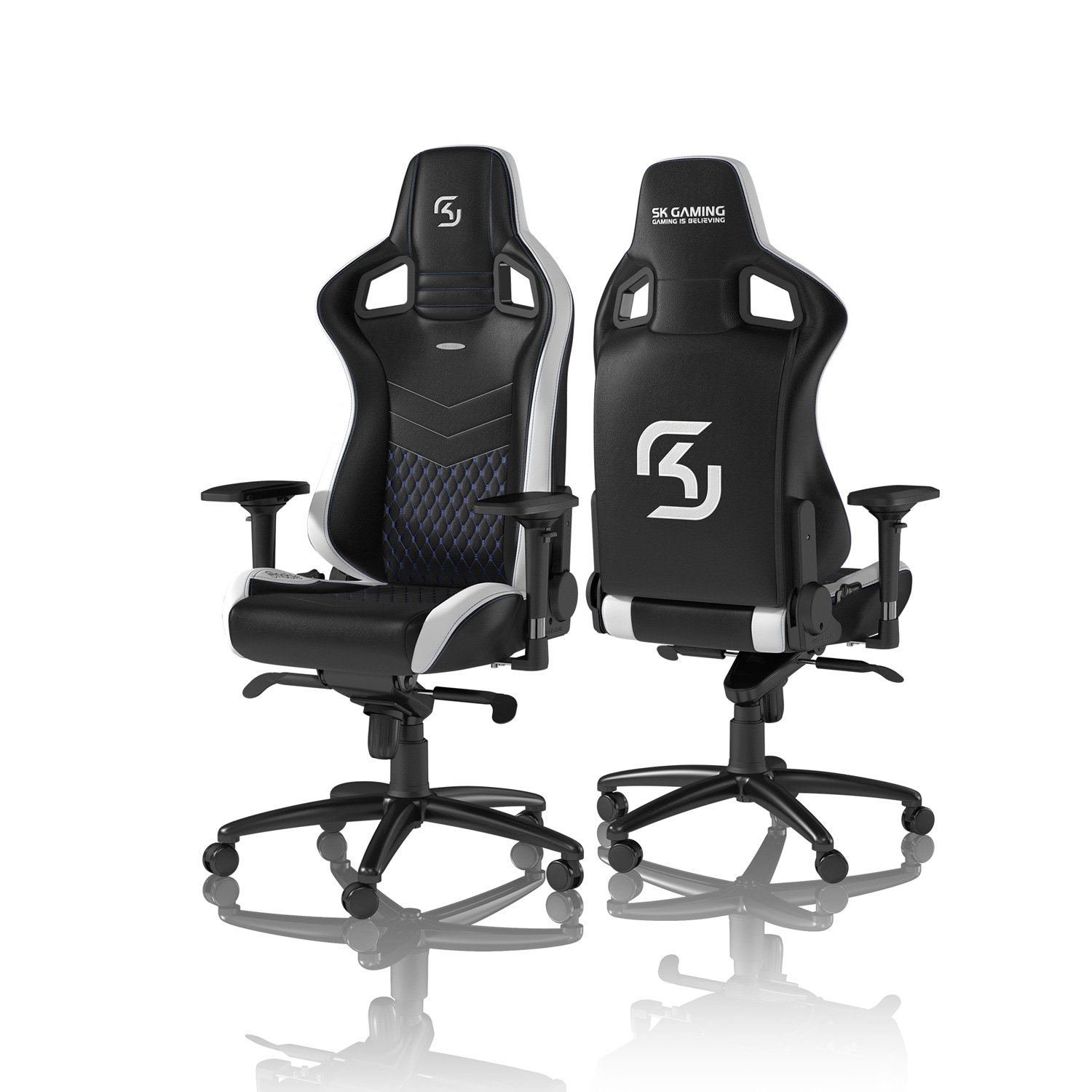 Noblechairs Epic SK Gaming Chair - Ergonomic Reclining Office Chair with PU Leather, Black/Blue/White - Perfect for Gaming, Streaming & Home Office Work