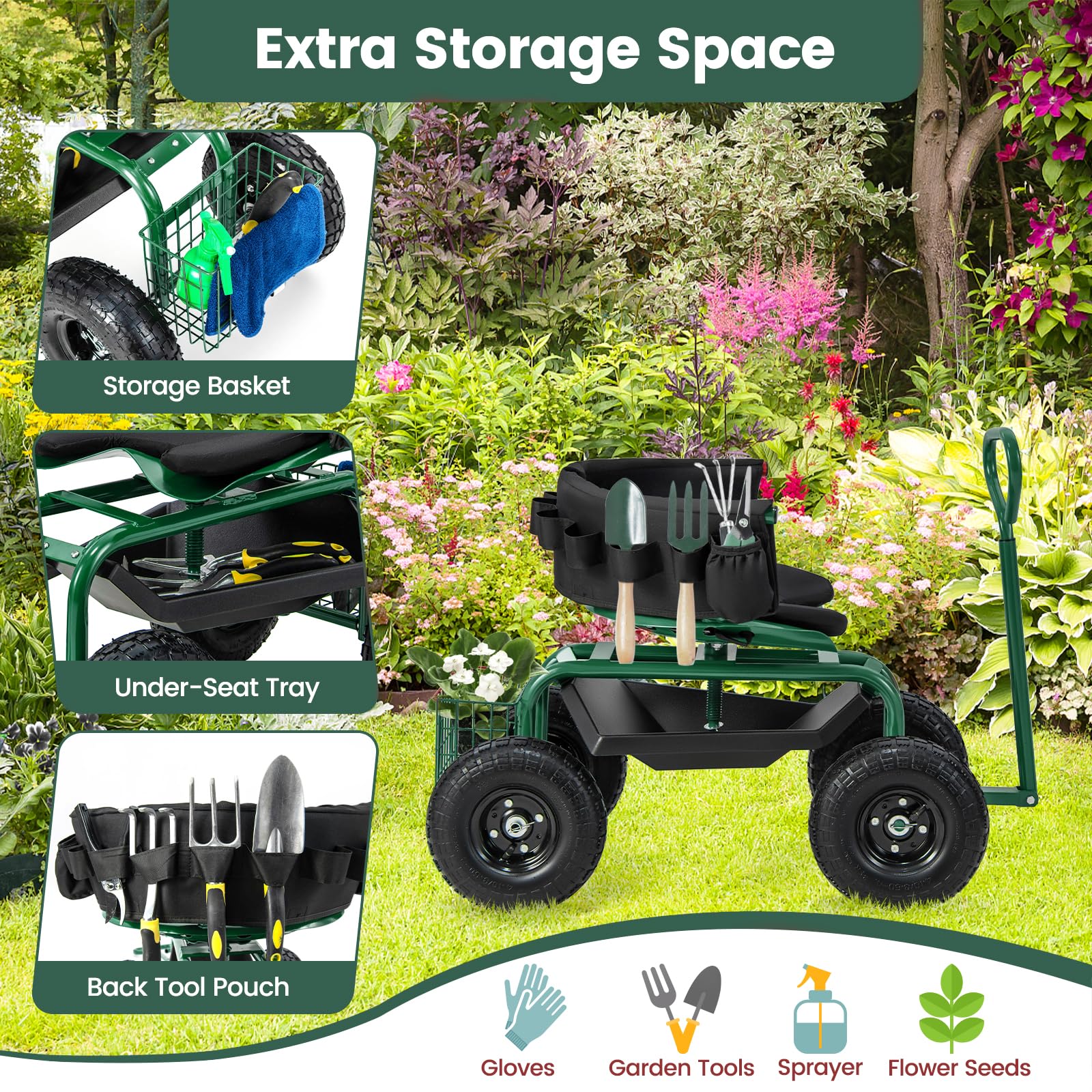 **Goplus Adjustable 360° Swivel Garden Seat with Wheels - Rolling Gardening Stool with Tool Tray, Storage Basket & Extendable Handle - Outdoor Gardening Scooter for Seniors & Adults - Perfect for Planting, Weeding & Yard Work**