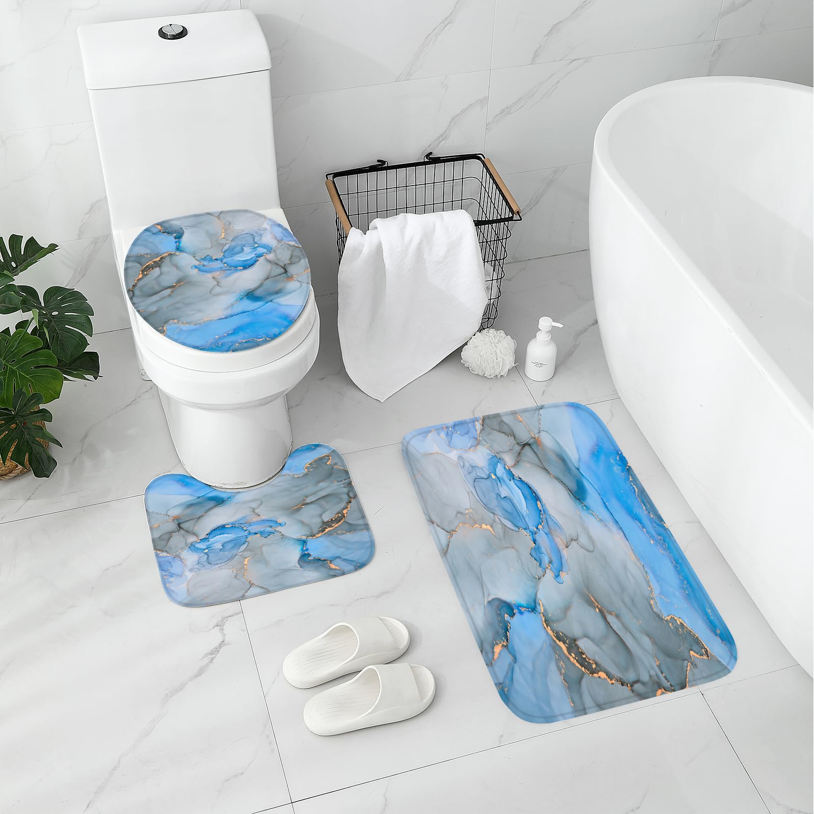 Gibelle 4-Piece Bathroom Shower Curtain Set - Non-Slip Rugs, Toilet Lid Cover & Bath Mat - Blue Grey Marble Bathroom Decor for Modern Homes - Perfect for Guest Bathrooms, Master Suites & Spa-Like Retreats
