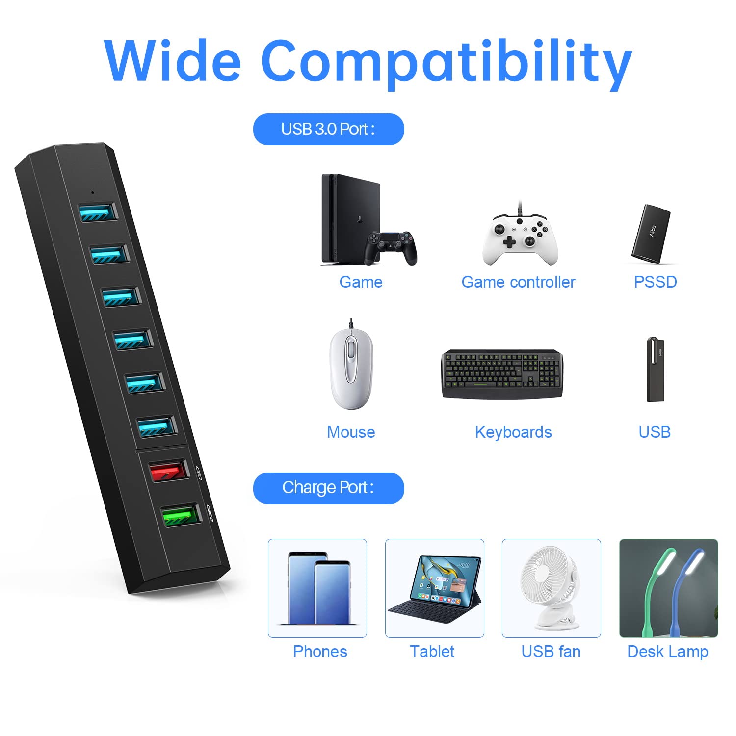 8-Port USB 3.0 Hub with Fast Charging - for Laptop, PC & Mac