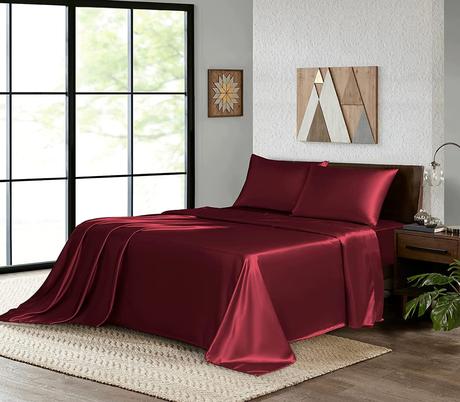 Luxury Satin Silk Sheet Set 4Pieces - Olympic Queen Size 66x80 Inches + 15 Inch Deep Pocket - Includes Fitted Sheet, Flat Sheet & 2 Pillowcases - Ultra Soft, Breathable & Durable Bedding - Burgundy Red - Perfect for Master Bedroom, Guest Room & Hotel Luxury Experience