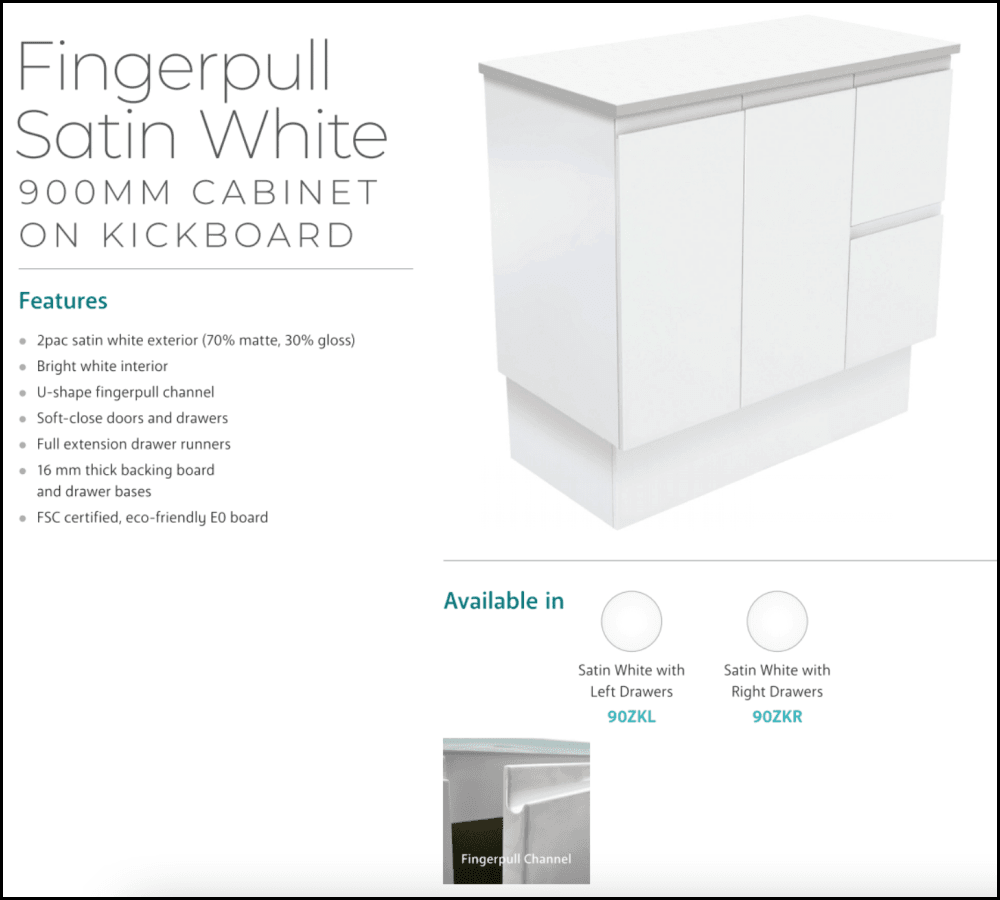 Fienza 900mm SC90ZKR Crystal Pure Undermount Stone Top Vanity Unit with Fingerpull & Kickboard - Satin White, Right Drawers - Perfect for Modern Bathroom Renovation & Home Upgrade