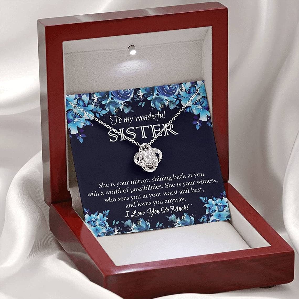 Sister's Love Knot Necklace - Birthday Gift for Sister with Message Card & Box - Perfect for Christmas & Special Occasions