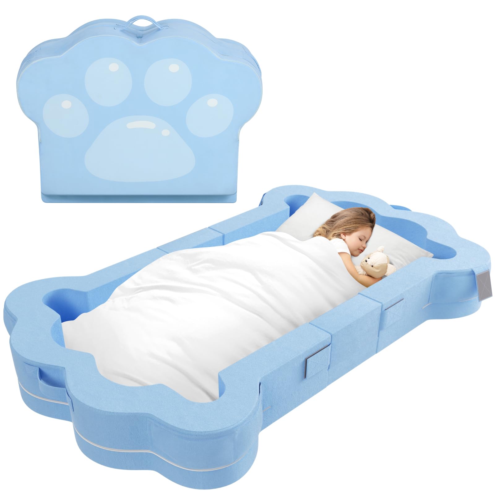 Portable Foldable Toddler Travel Bed for Kids 1-5 Years - Soft & Safe Floor Mattress (Blue) - Perfect for Travel, Camping & Home Use