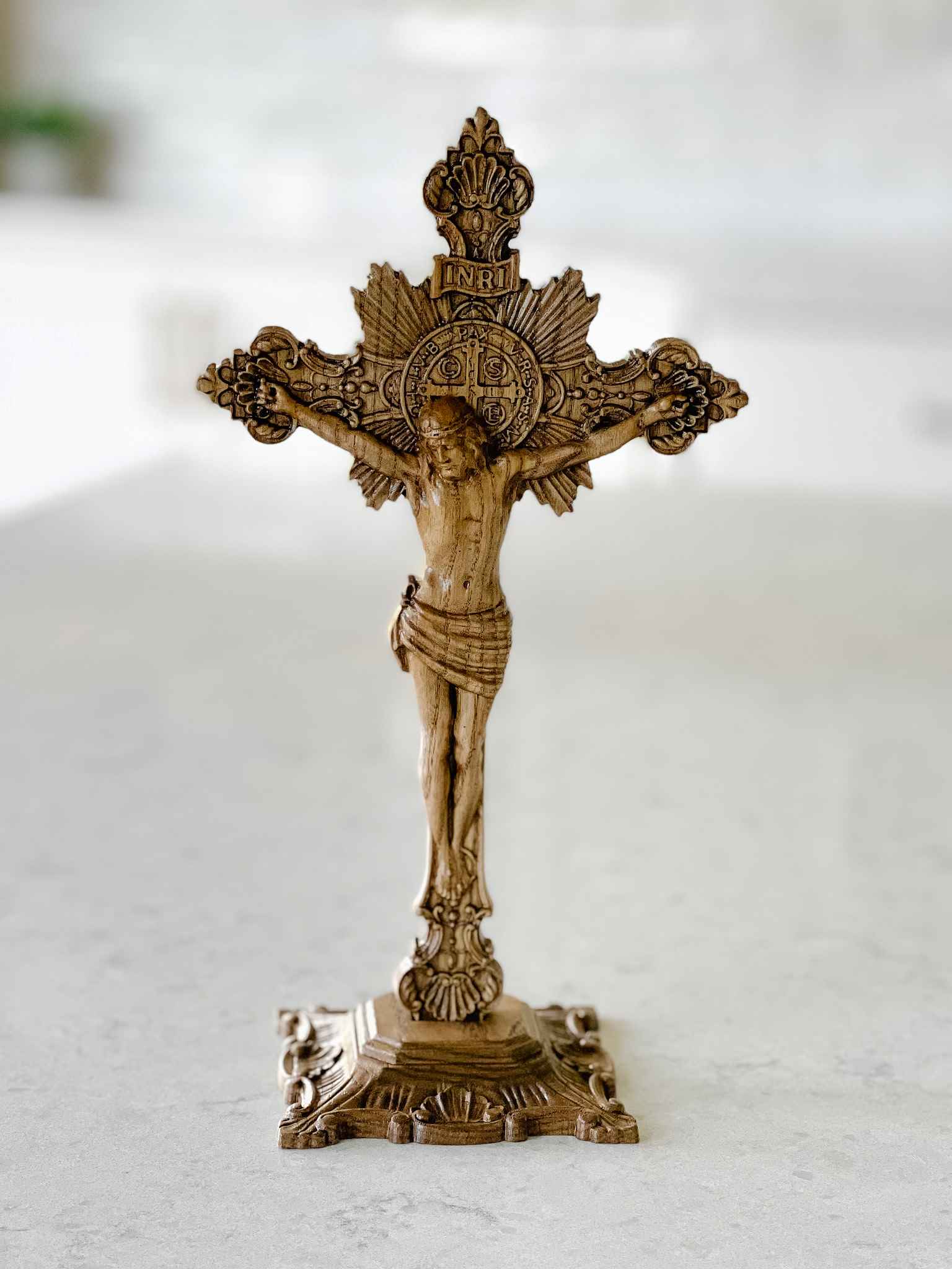 Hand-Carved Wooden Crucifix with Display Base - Perfect for Home Altar, Church Decor, and Religious Gifts