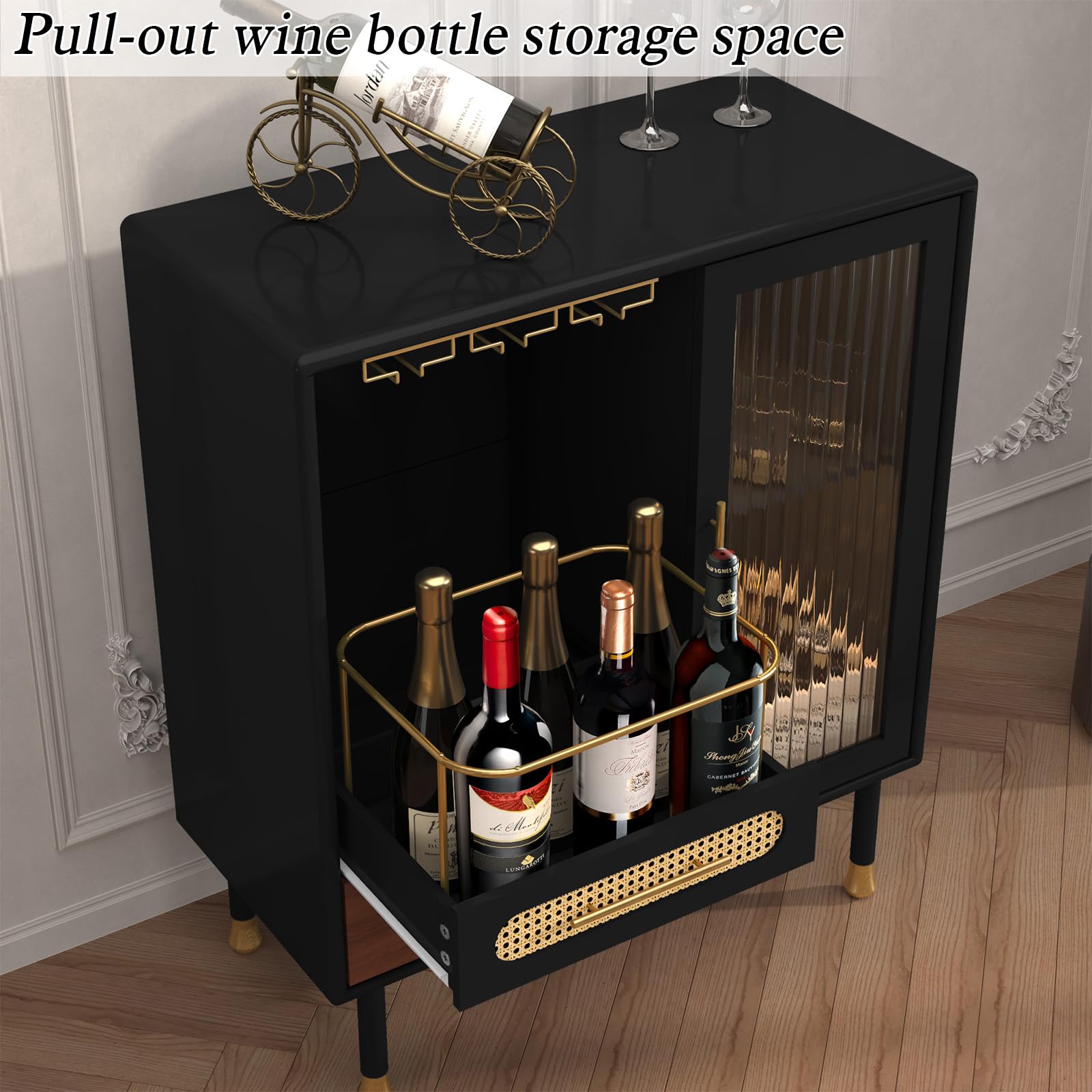Modern Coffee Bar Cabinet with Wine Glass Rack & Storage Drawers - Black Kitchen Liquor Cabinet with Pull-Out Wine Rack for Dining Room, Living Room & Home Bar - Perfect for Entertaining Guests & Stylish Home Decor