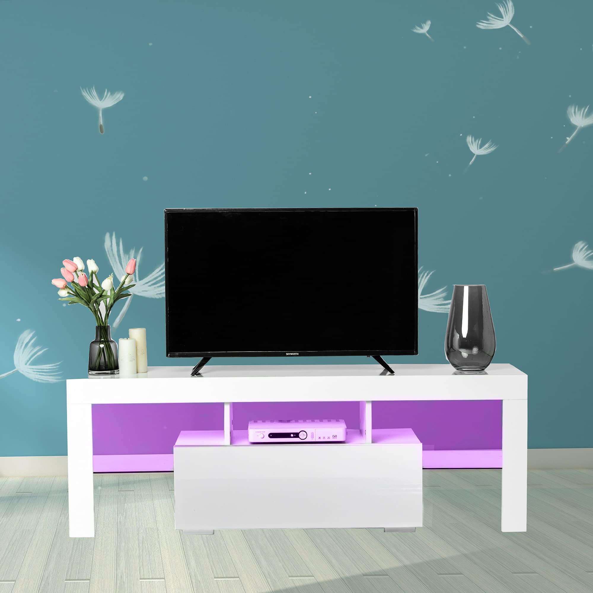 Modern White TV Stand with LED Lights - High Glossy Front TV Cabinet - Easy Assembly for Living Room, Bedroom & Lounge Room - Perfect for Entertainment Centers & Home Theater Setups
