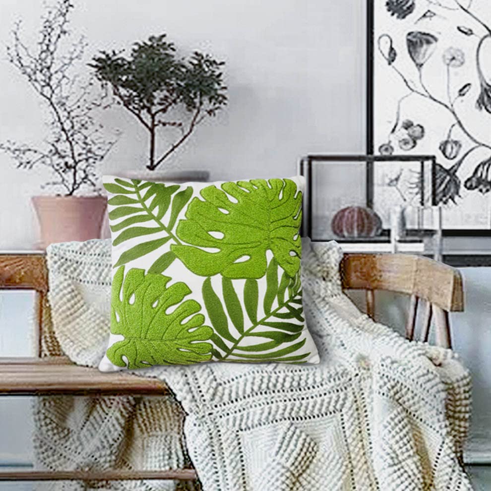 Green Leaf Embroidery Cotton Throw Pillow Covers 18x18 Inch - Decorative Cushion Cases for Sofa, Bed & Home Decor