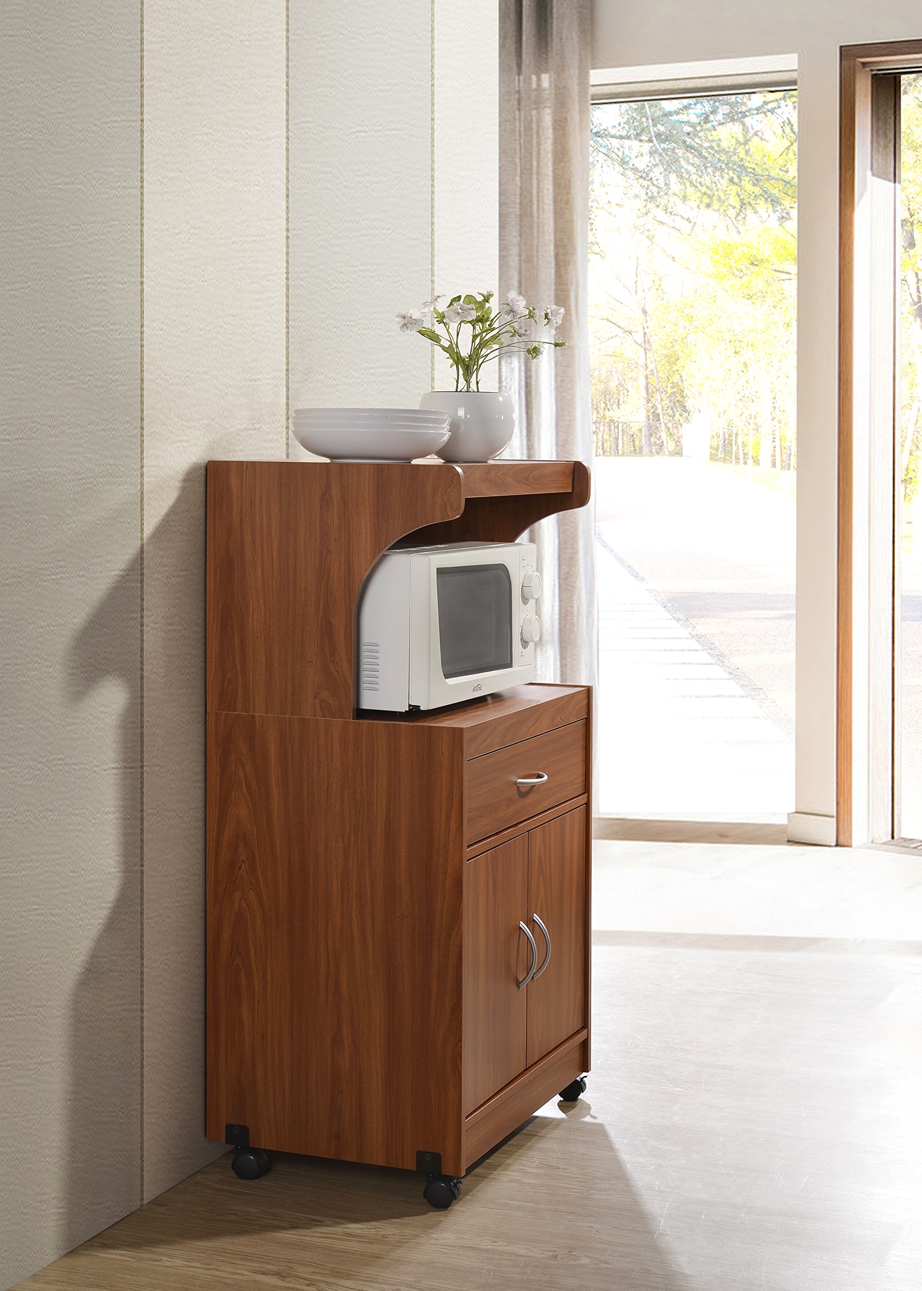 Hodedah Microwave Stand with Storage Shelf - Compact Kitchen Cart for Small Spaces, Cherry Finish - Perfect for Dorms, Apartments & Countertop Organization