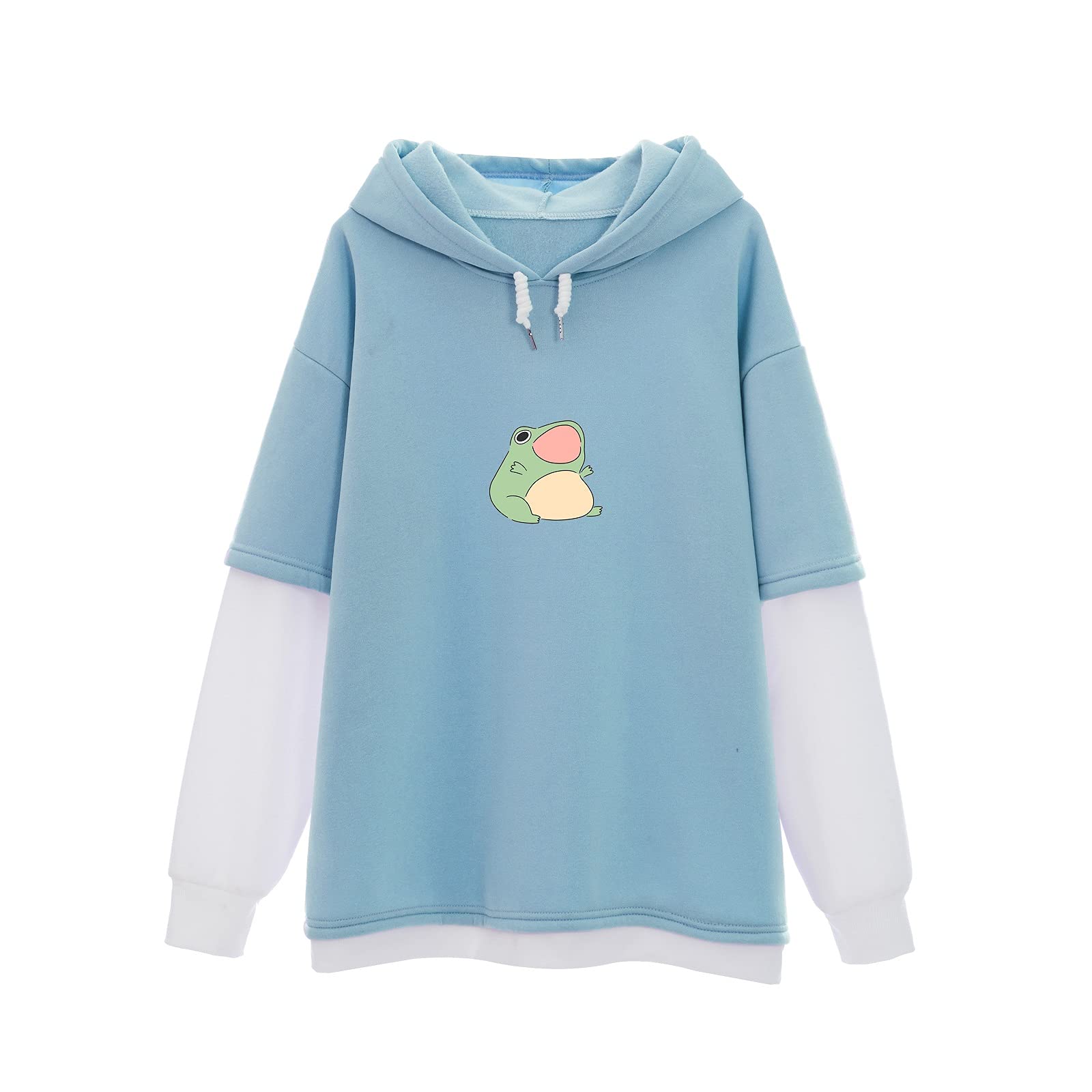 KIEKIECOO Women's Casual Long Sleeve Color Block Hoodie with Cute Frog Print | Y2K Aesthetic Pullover Sweatshirt | Trendy Streetwear for College, Dating & Daily Outfits