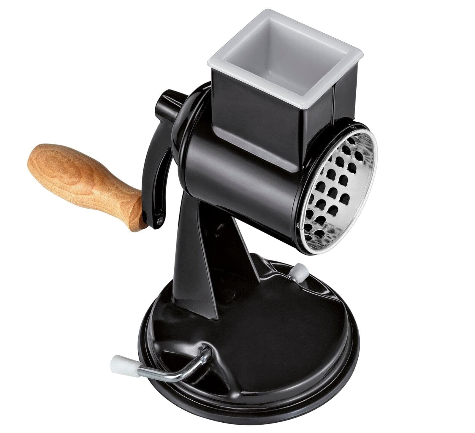 Zassenhaus Classic Manual Kitchen Grater - Stainless Steel Drum Grater with Beech Wood Handle, Black Painted Metal & Suction Base - Includes 2 Grating Drums & Pestle - Perfect for Grating Cheese, Slicing Vegetables & Food Prep - Ideal for Home Kitchens & Professional Use