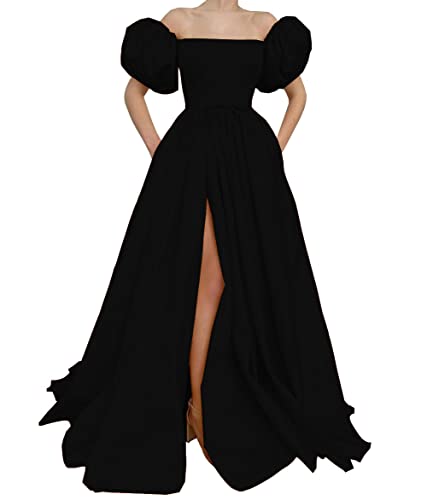 Elegant Yukale Women's Satin Long Formal Evening Dress with Short Puff Sleeves - Perfect for Prom, Gala, Wedding & Special Occasions
