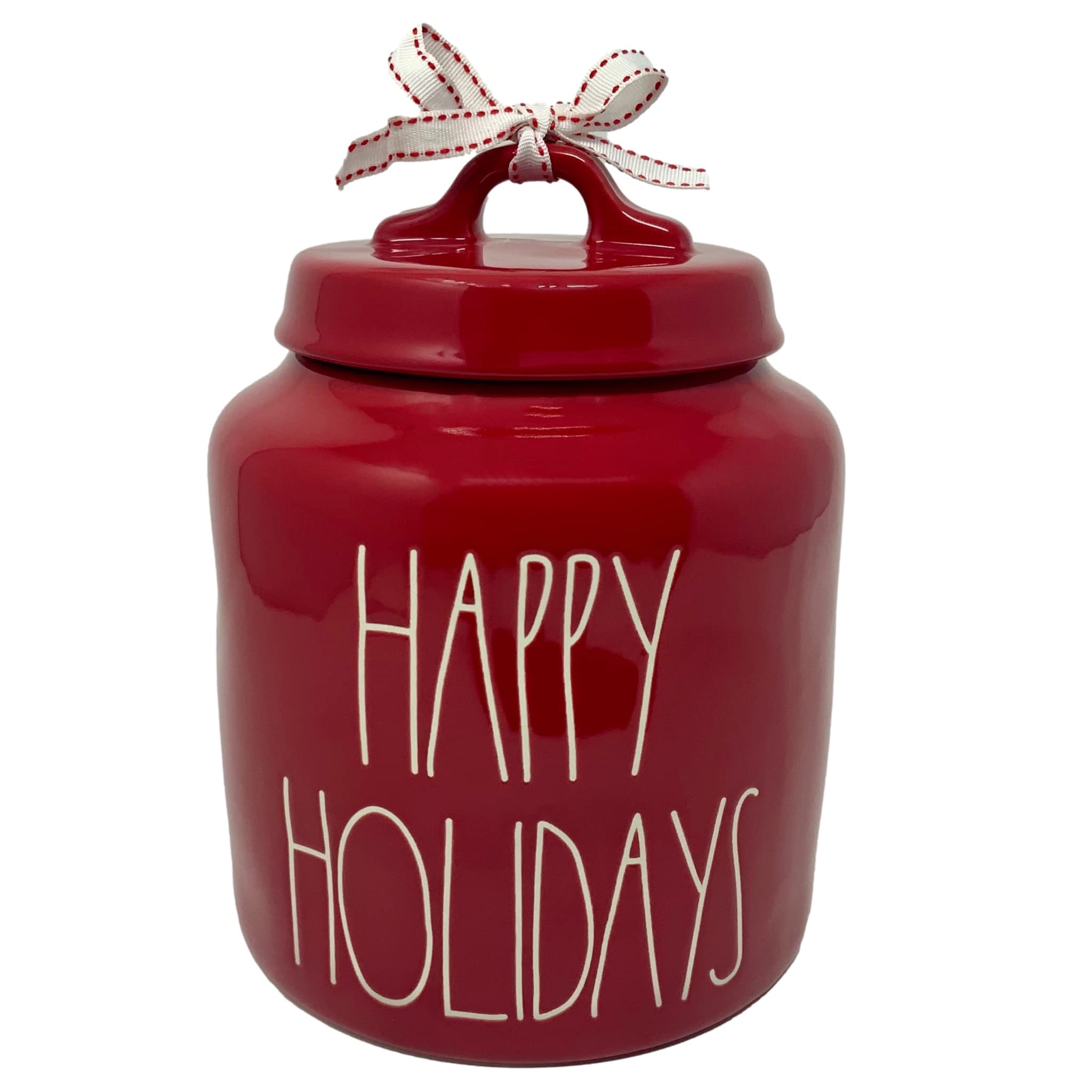 RAE DUNN Happy Holiday Red Christmas Canister - Artisan Collection by Magenta - Ceramic Storage Container for Treats, Candy, Flour & Snacks - Perfect for Holiday Decor & Kitchen Organization
