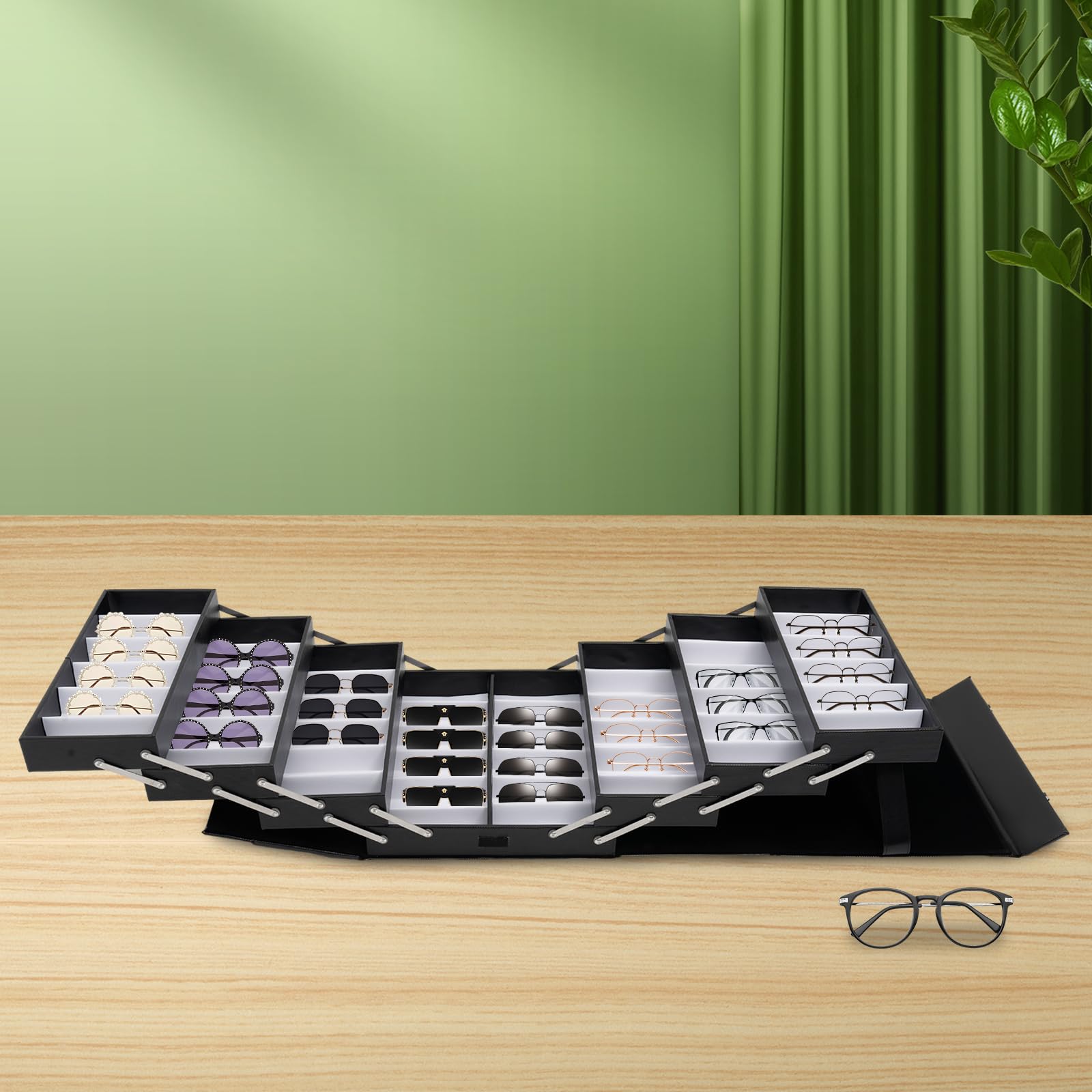 Foldable Eyeglasses Storage Case - PU Leather Sunglasses Organizer Box with 48 Slots for Men & Women - Perfect for Travel, Home Display, and Jewelry/Watches Organization