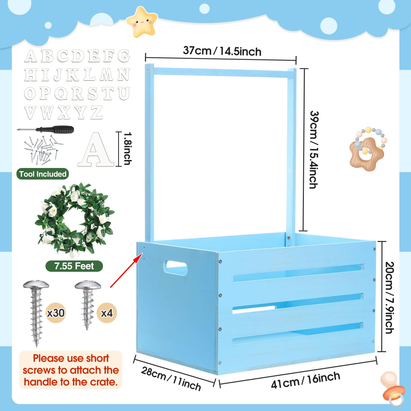 Barydat Wooden Baby Shower Storage Crate - Handmade Baby Basket with Handle & Garland Decor, Nursery Hamper for New Parents - Perfect for Baby Showers, Gender Reveals & Nursery Organization (Blue)