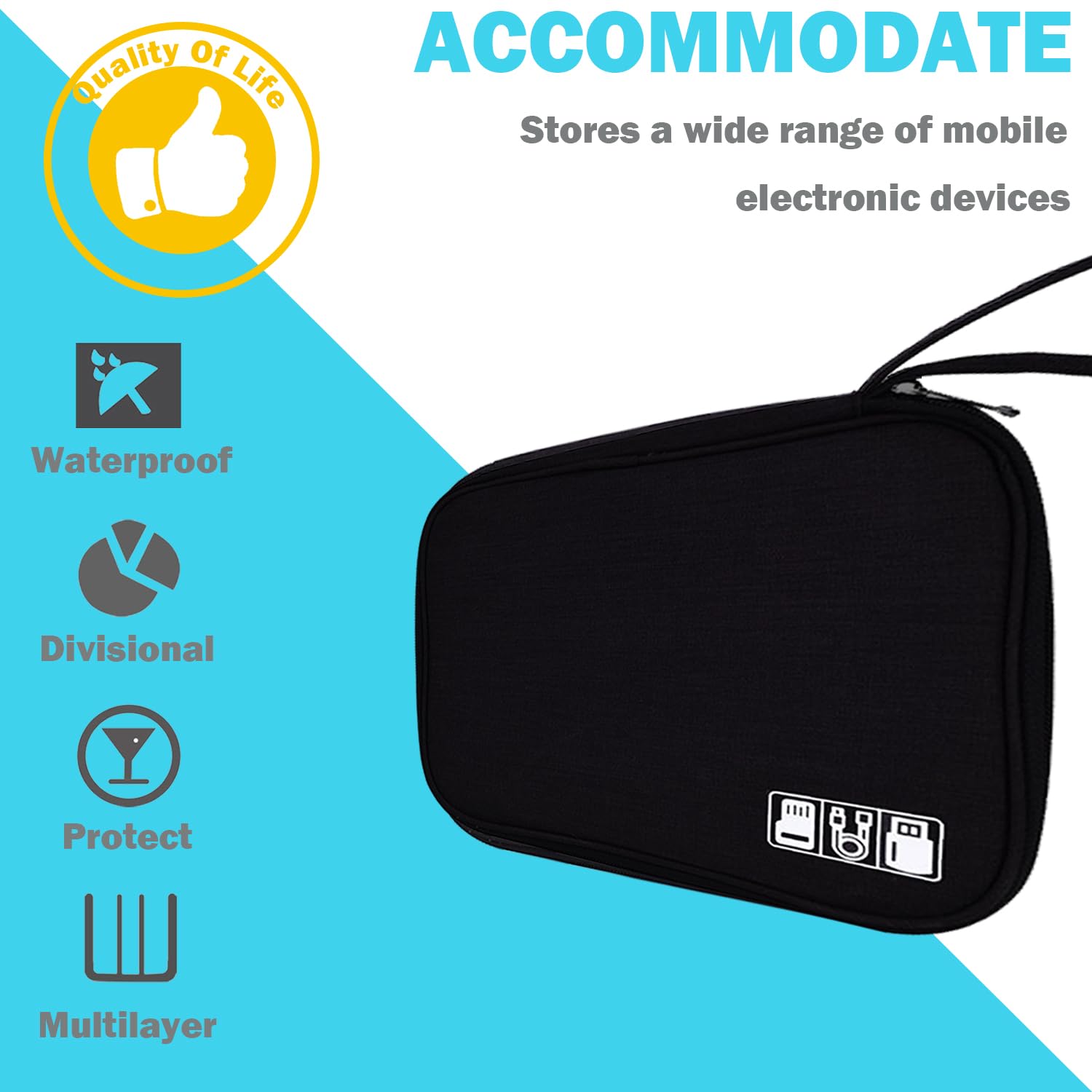 YUNYU Electronics Accessories Organizer Travel Bag - Waterproof USB Cable Storage Pouch for Chargers, Hard Drives & Tech Gadgets - Perfect for Travel, Office & Home Organization (Black)