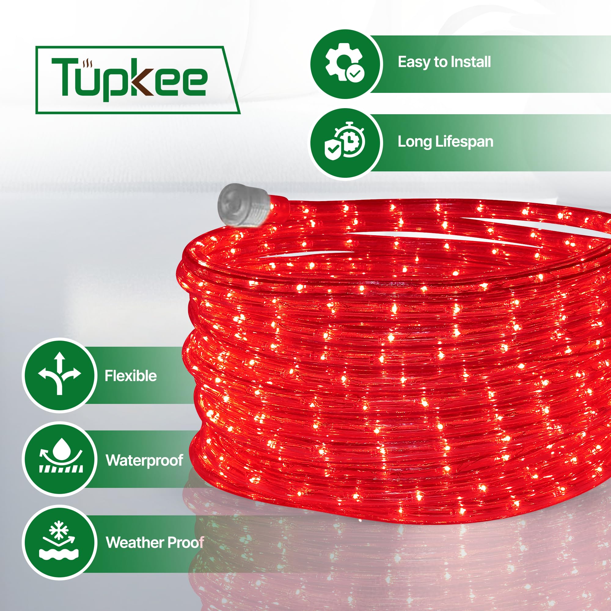 Tupkee 24ft Red LED Rope Lights - 144 Ultra-Bright LEDs, 10mm Diameter Waterproof Indoor/Outdoor Decorative Lighting (2 Pack) - Perfect for Christmas, Parties, Patio, Garden & Home Decor