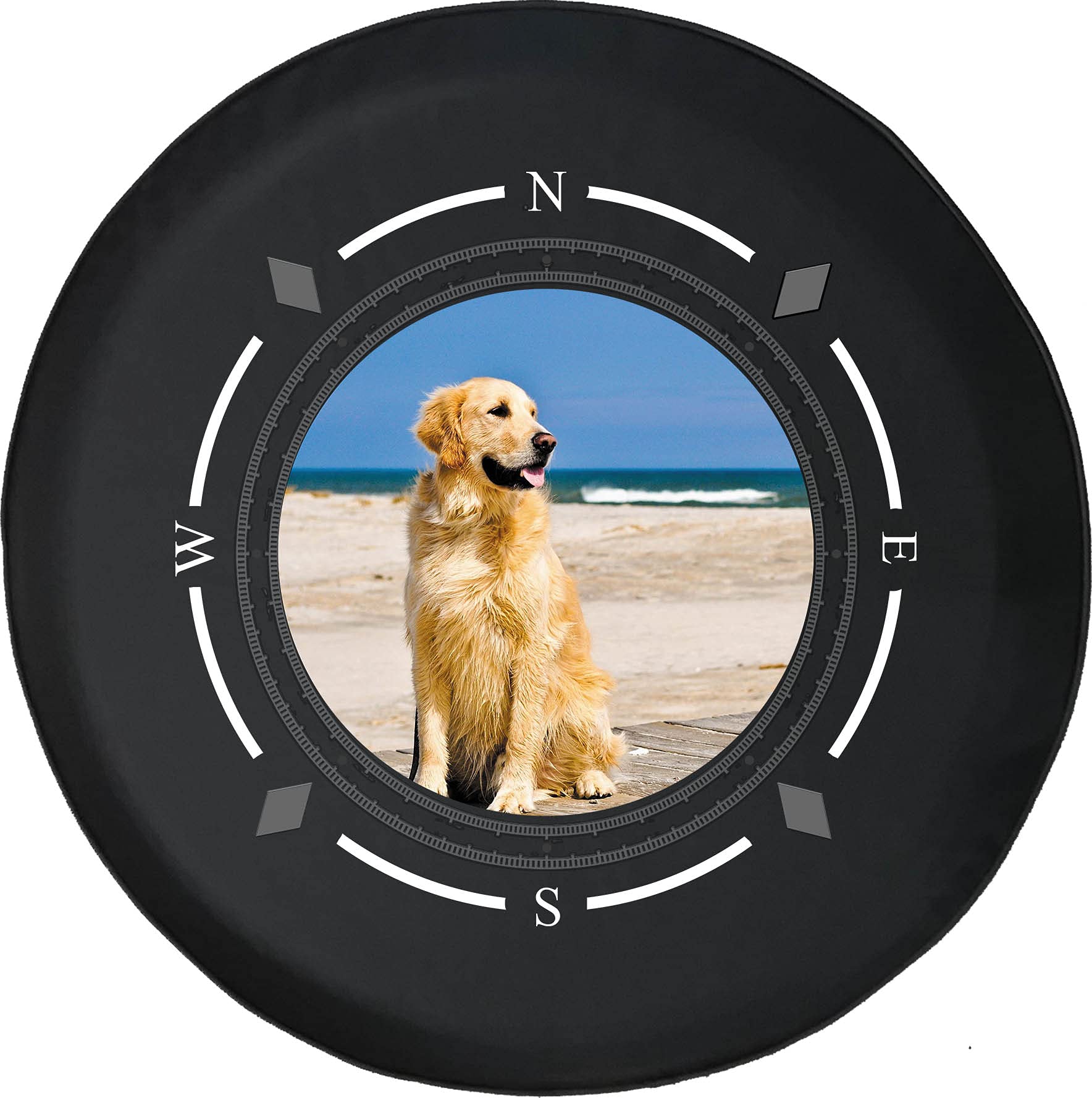 American Unlimited Spare Tire Cover with Compass Design - Happy Golden Retriever Beach Ocean Theme - Universal Fit for SUV, Trailer, RV & Most Vehicles - Perfect for Road Trips, Camping & Outdoor Adventures