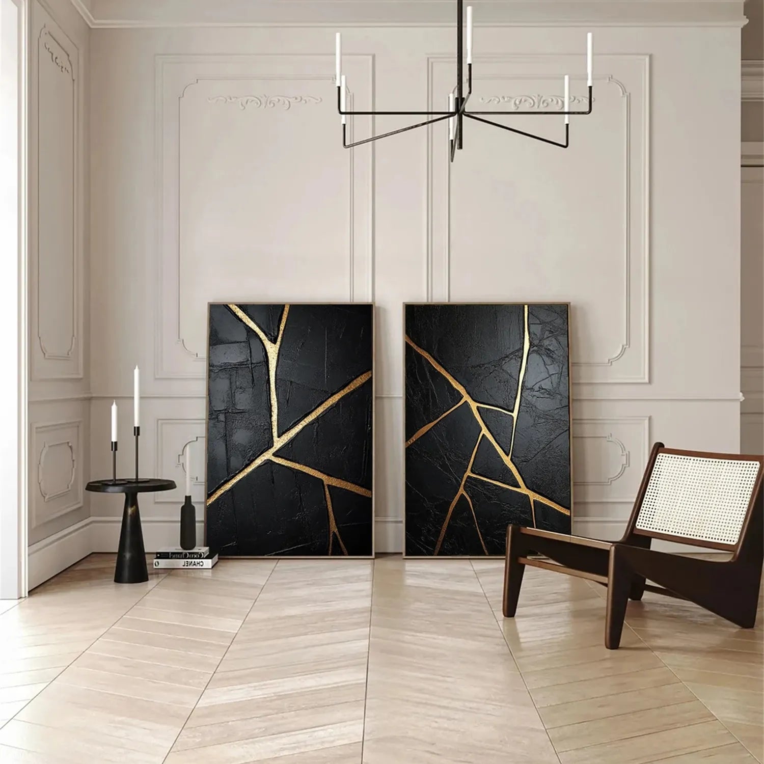 Black Gold Minimalist Textured Wall Art - Set of 2 Modern Abstract Paintings #MZ135 for Living Room, Bedroom & Office Decor