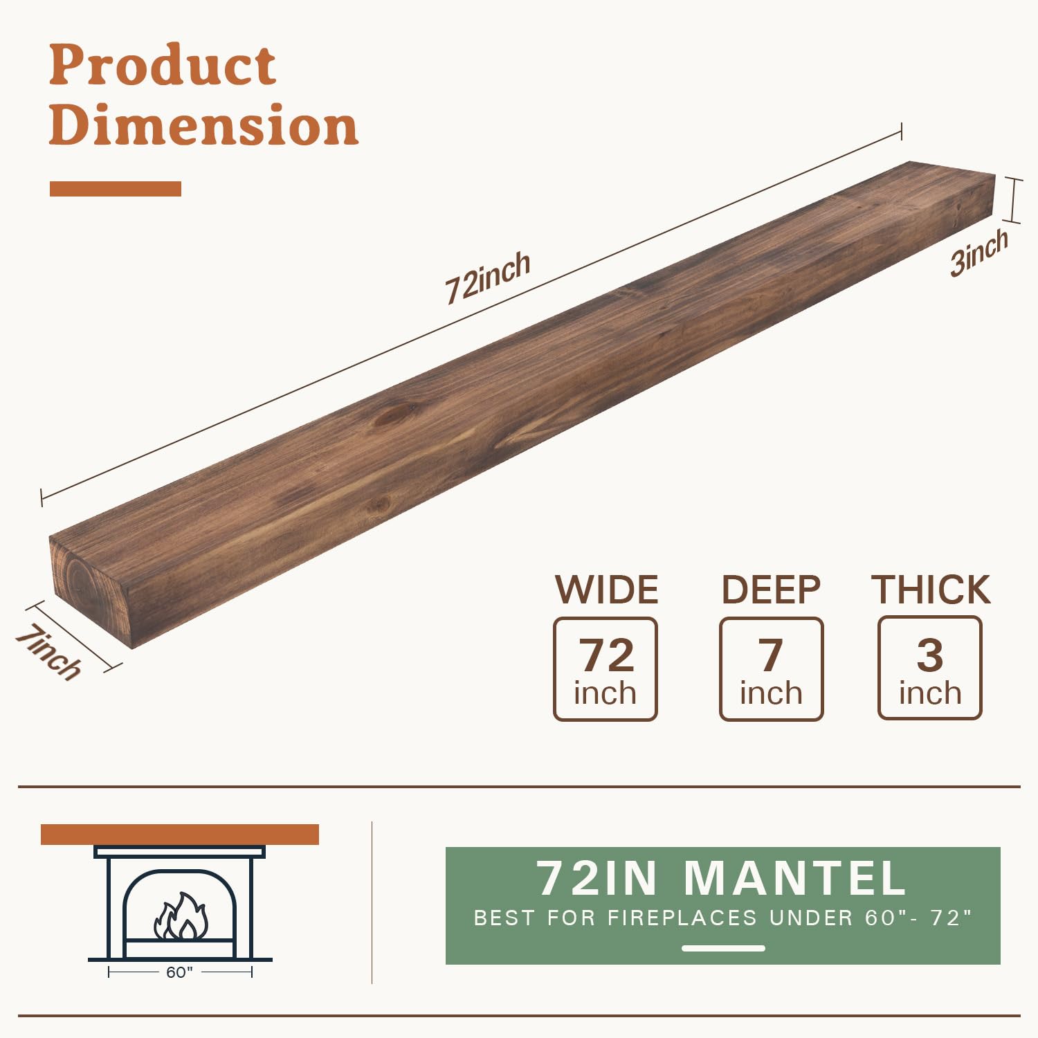 72 Inch Handcrafted Wood Fireplace Mantel Shelf with Invisible Heavy Duty Metal Bracket - Brown Floating Shelf for Over Fireplace - Perfect for Living Room, Bedroom & Home Decor