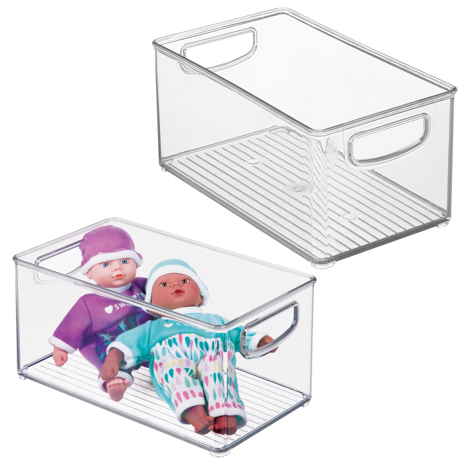 mDesign Plastic Baby Nursery and Food Organizer Bins with Handles - 2 Pack Clear Storage Bins for Closet, Cabinet, Shelves - Perfect for Canned Food, Baby Bottles, Formula & Milk Storage - Ideal for Nursery, Pantry & Kitchen Organization