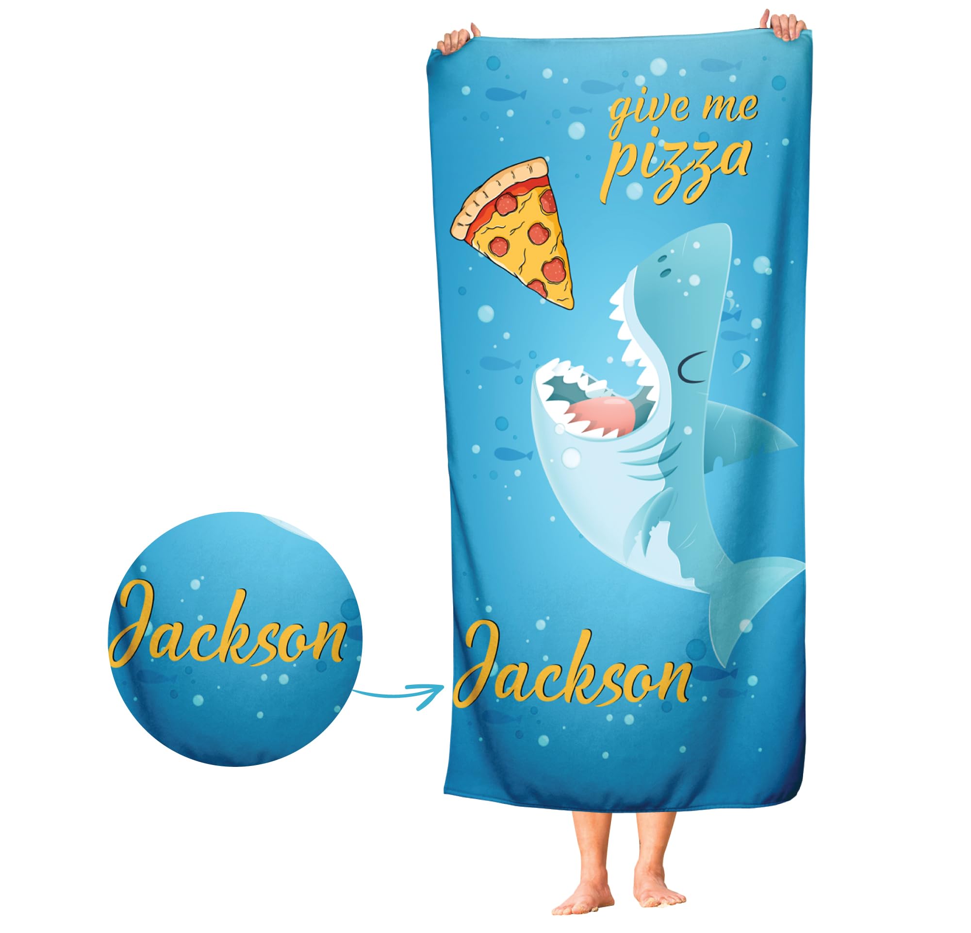 Custom Shark Beach Towel with Name - Personalized Pool & Bath Towel for Kids - Funny Shark Themed Gift for Beach, Swimming & Outdoor Activities