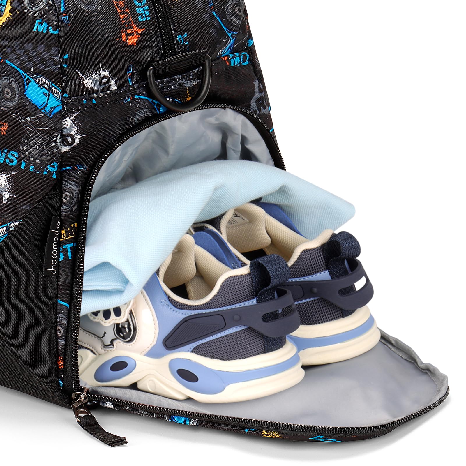 Choco Mocha Monster Truck Duffle Bag for Boys - Kids Travel Overnight Bag for Toddler Sleepovers & Weekend Trips - Black Backpack for School, Sports & Adventure