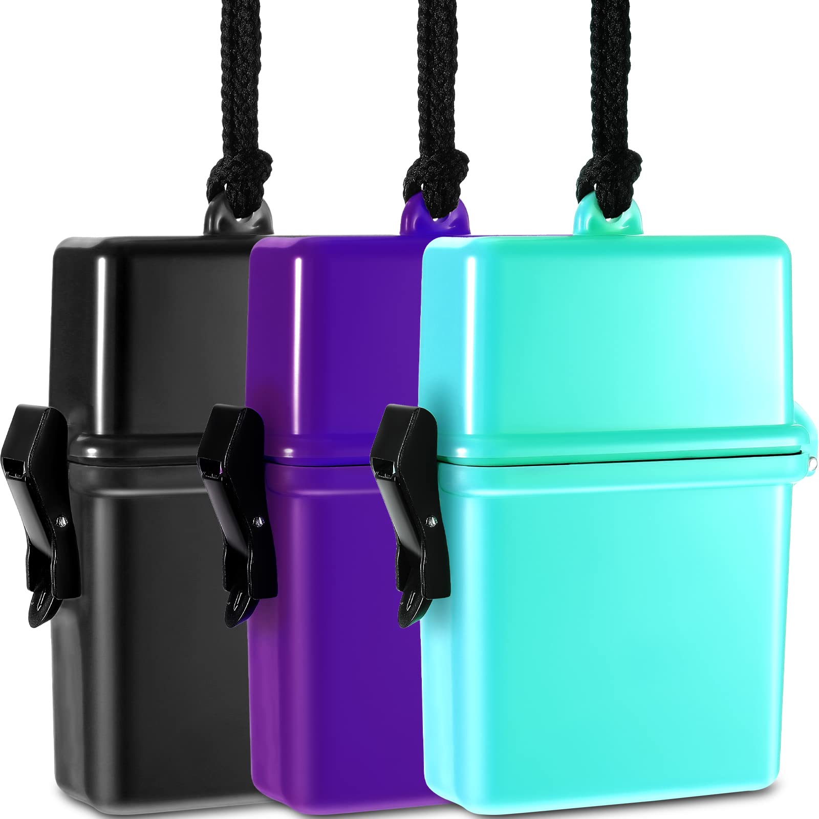 3 Pack Waterproof ID Card Holder with Floating Lanyard - Sports Badge Case with Hanging Ring & Rope - 4.72 x 2.95 x 1.57 Inches (Black, Purple, Blue) - Perfect for Swimming, Gym, Work & Outdoor Activities