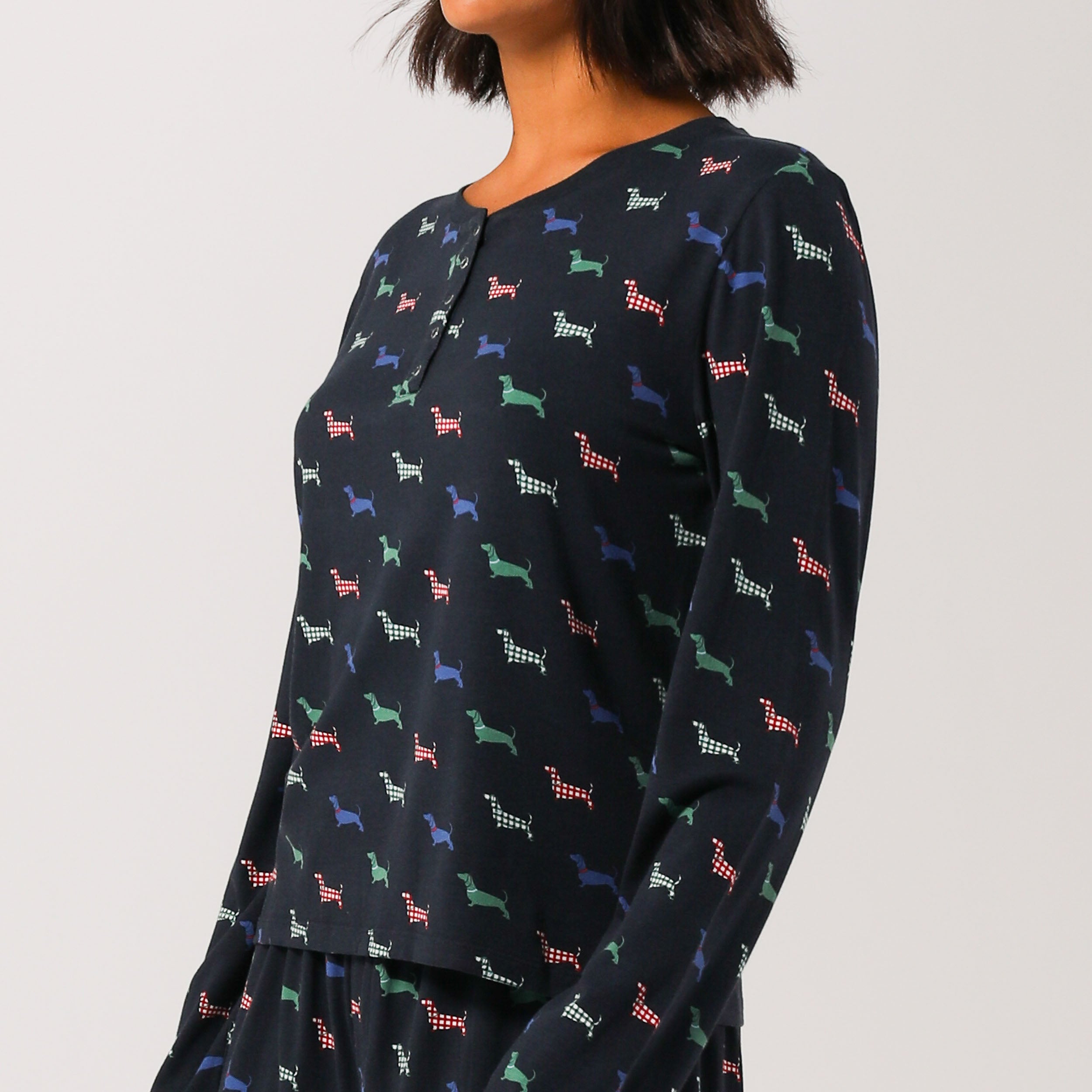 Eco-Friendly Women's Bamboo Long Sleeve T-Shirt - Soft & Breathable Doggy Check Print in Navy Blue | Perfect for Casual Wear, Yoga & Outdoor Activities