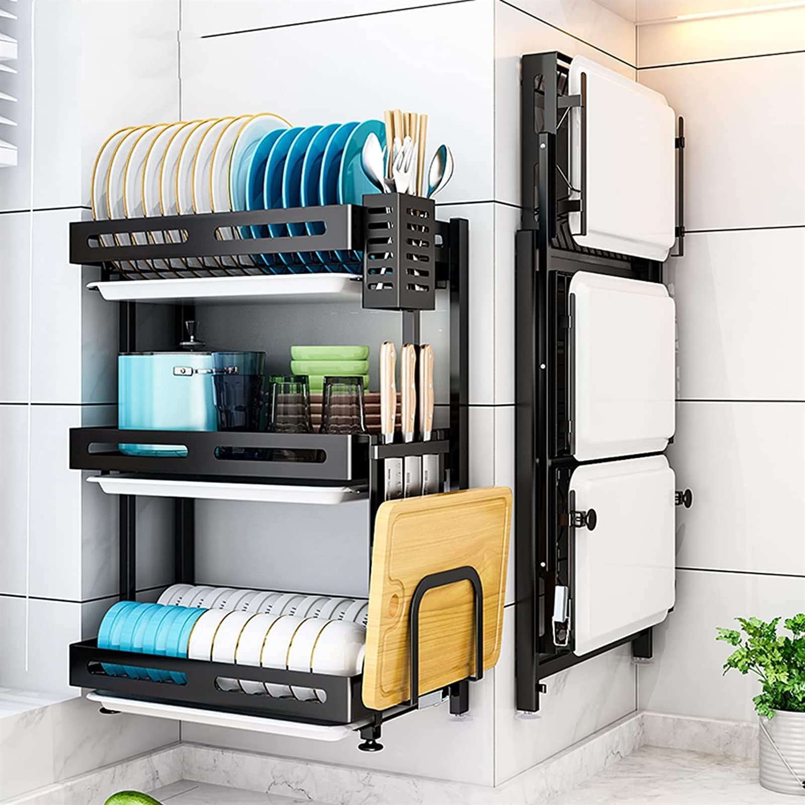 Stainless Steel 3-Tier Wall Mounted Dish Drying Rack with Drain Pan - Space Saving Kitchen Organizer for Dishes, Cups & Utensils - Perfect for Small Apartments & Compact Kitchens (Black)