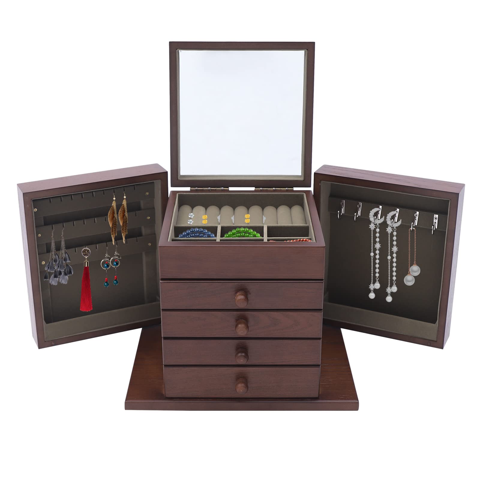 5-Tier Wooden Jewelry Box Organizer with Mirror & Hooks - Large Dresser Top Storage Cabinet for Necklaces, Earrings, Rings - Perfect for Bedroom Vanity, Closet Organization & Travel Jewelry Storage (Brown)