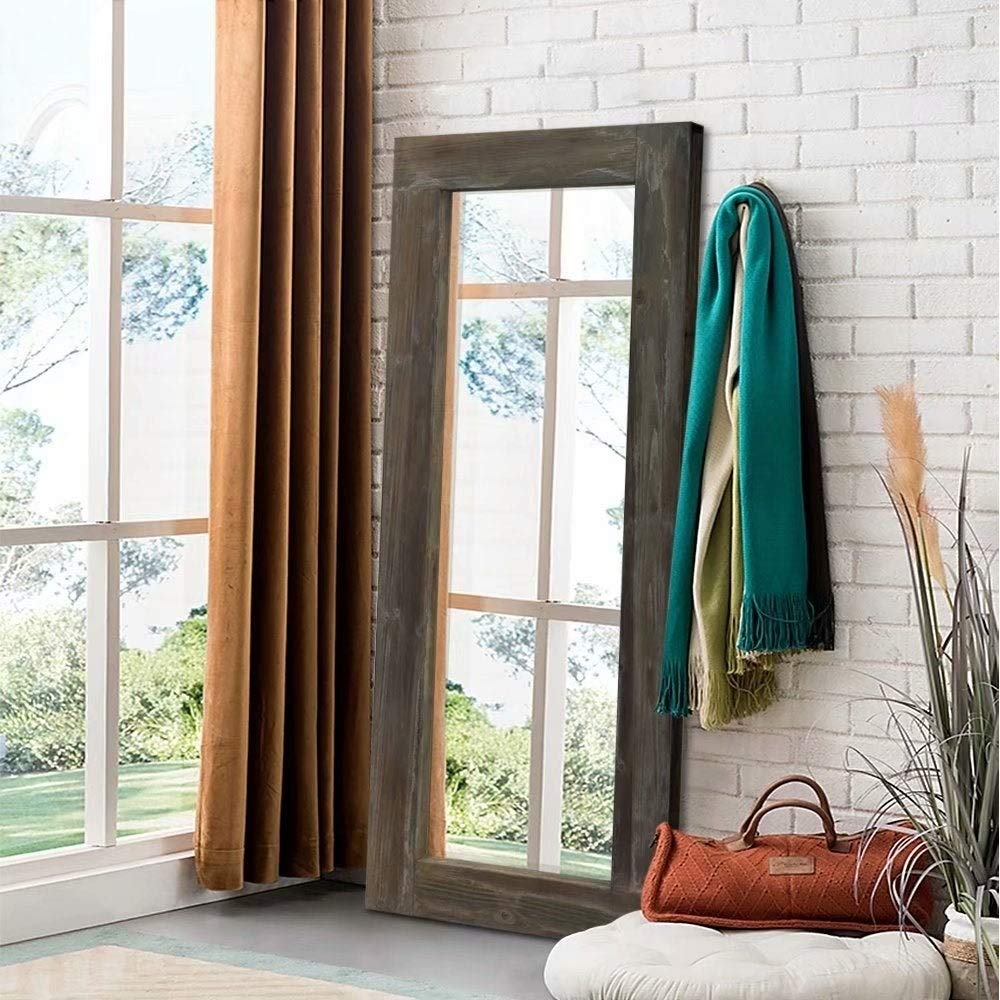 Antique Brown Rustic Wood Full-Length Floor Mirror - Freestanding Rectangular Farmhouse Mirror with Hooks for Living Room, Bedroom & Entryway Decor