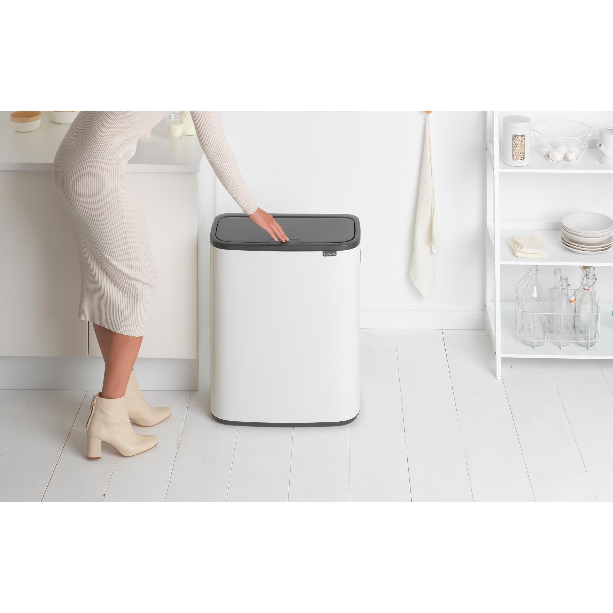 Brabantia Bo Touch Top 16 Gallon Trash Can - Soft Open/Close Kitchen Garbage Bin with Removable Recycling Compartment, White | Perfect for Modern Kitchens & Eco-Friendly Waste Sorting
