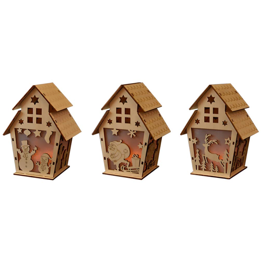 BESPORTBLE 3-Piece Christmas Wooden Lighted House Set - LED Mini Village Decor with Retro Wood House Ornaments (Random Styles) - Perfect for Holiday Tabletop Displays, Mantel Decorations & Christmas Village Scenes