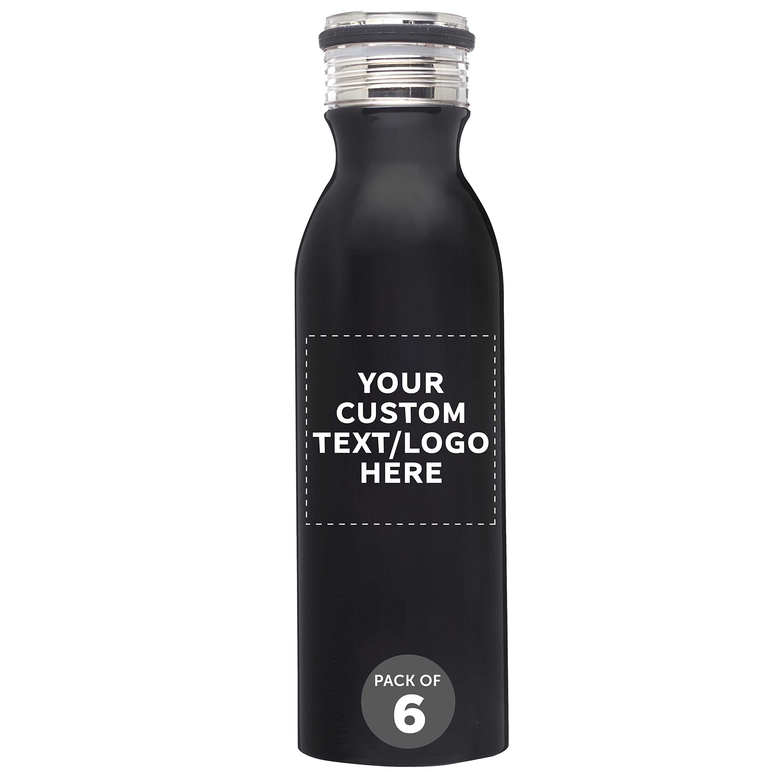 Echo 20 oz Custom Stainless Steel Water Bottles - 6-Pack Bulk Personalized Double Wall Insulated Thermos for Coffee, Tea, Soda & Cold Drinks - Perfect for Office, Gym, Hiking & Outdoor Activities - Black