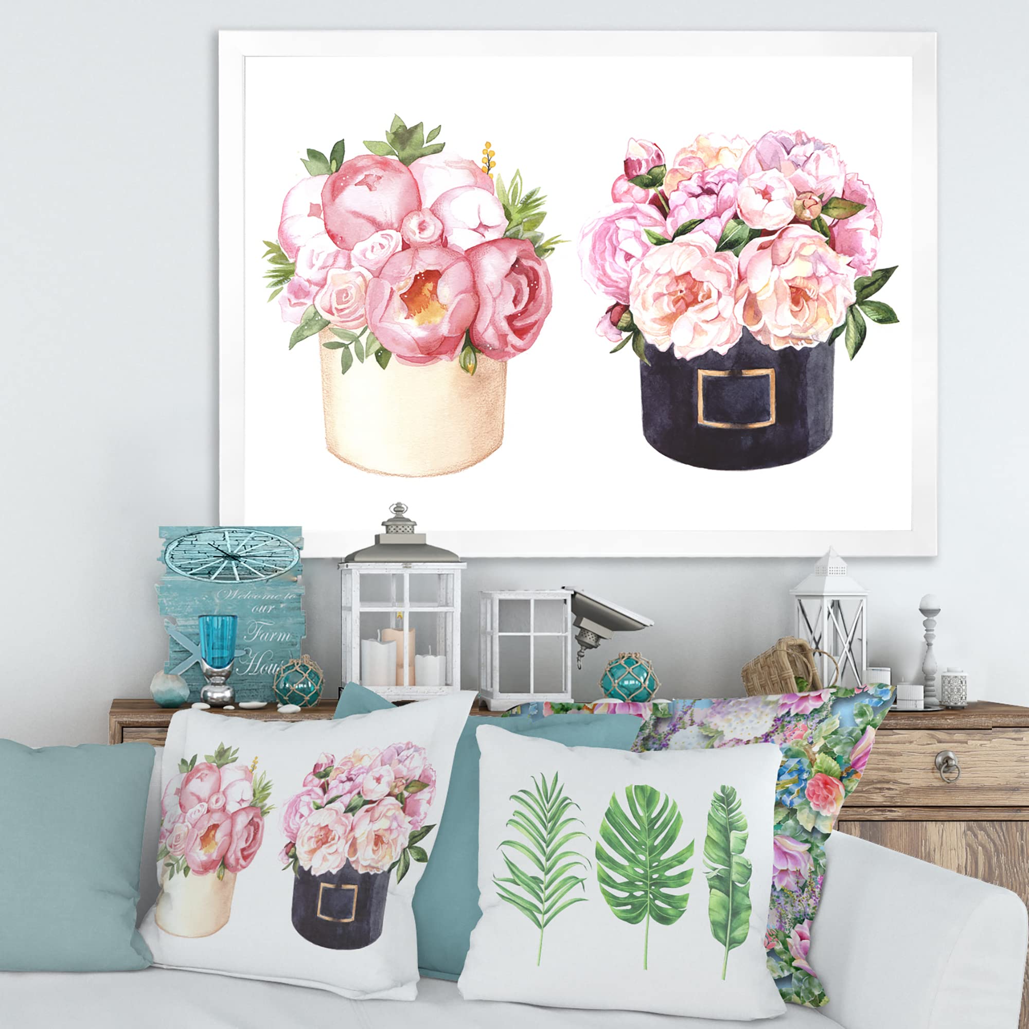 DesignQ Floral Wall Decor - Peonies and Roses Framed Canvas Art for Farmhouse, Living Room, Bedroom & Office Decor