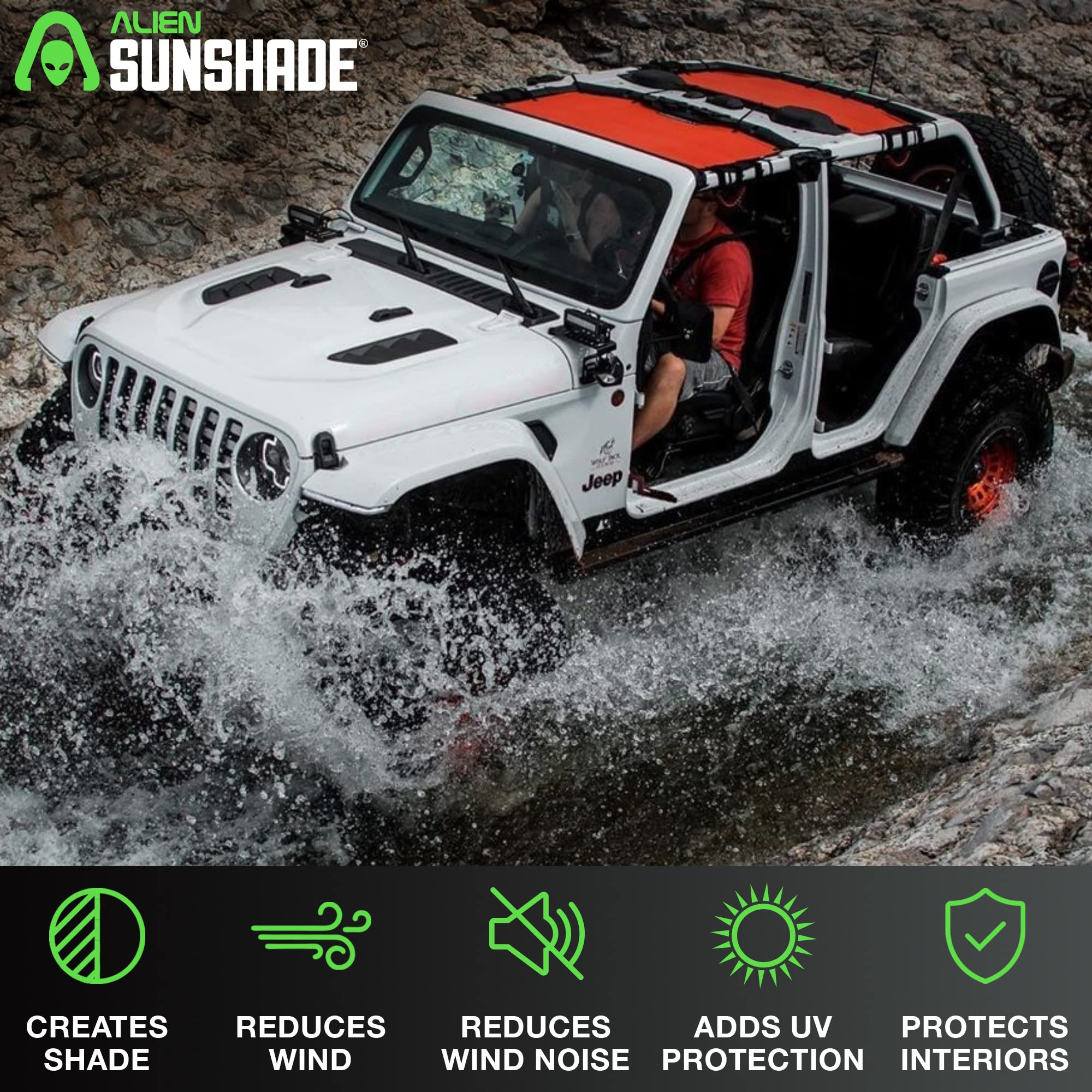 Alien Sunshade for Jeep Wrangler JLU (2018-2023) - Red Front & Rear Mesh Top Cover | UV Protection, Wind & Noise Reduction | Fits Sport, Sport S, Sahara, Rubicon Models | Perfect for Off-Roading, Beach Trips & Summer Adventures