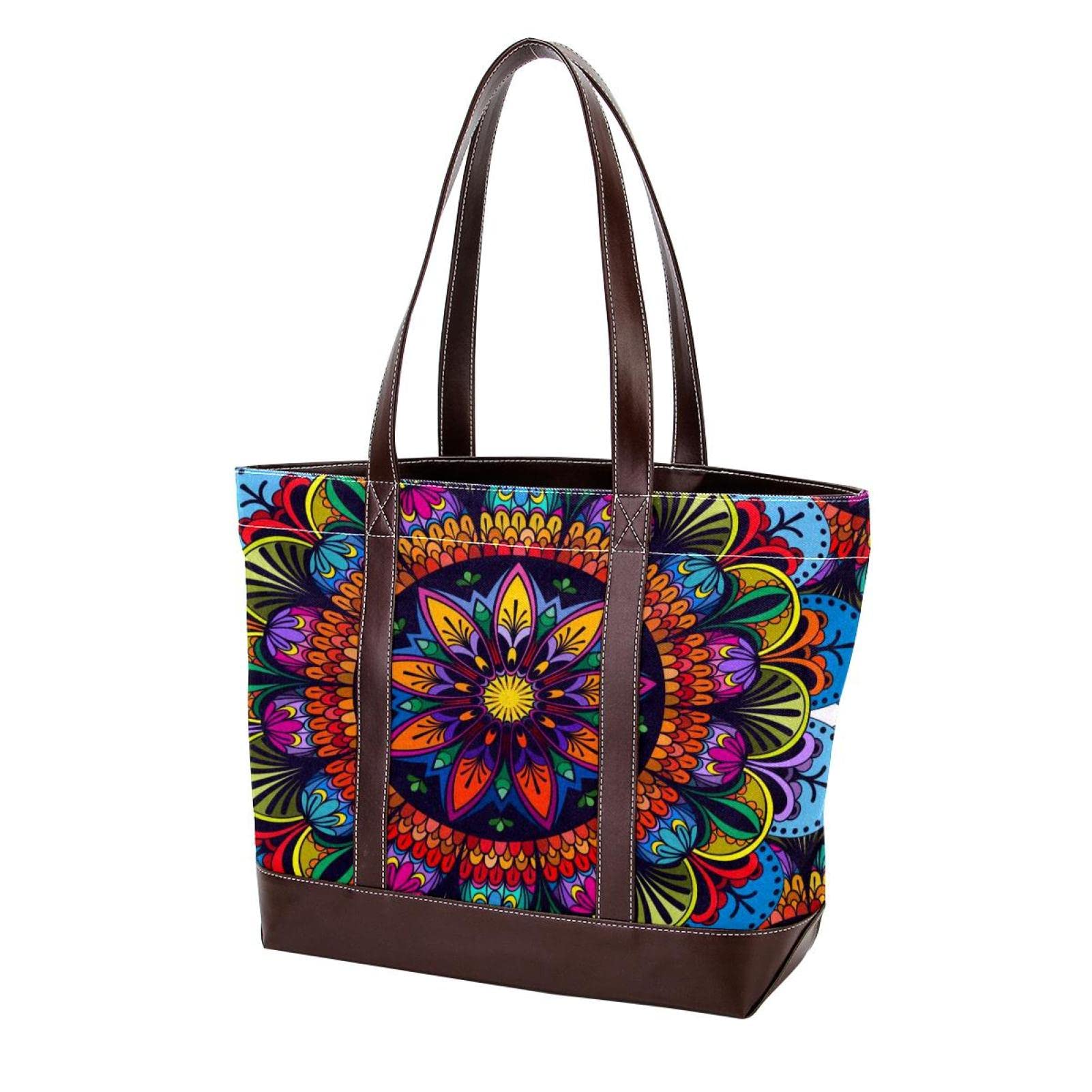 Stylish Vintage Mandala Floral Tote Bag for Women - Large Beach Bag, Laptop Shoulder Bag with Zipper - Perfect for Work, Travel & Shopping (Indian Trippy Design)