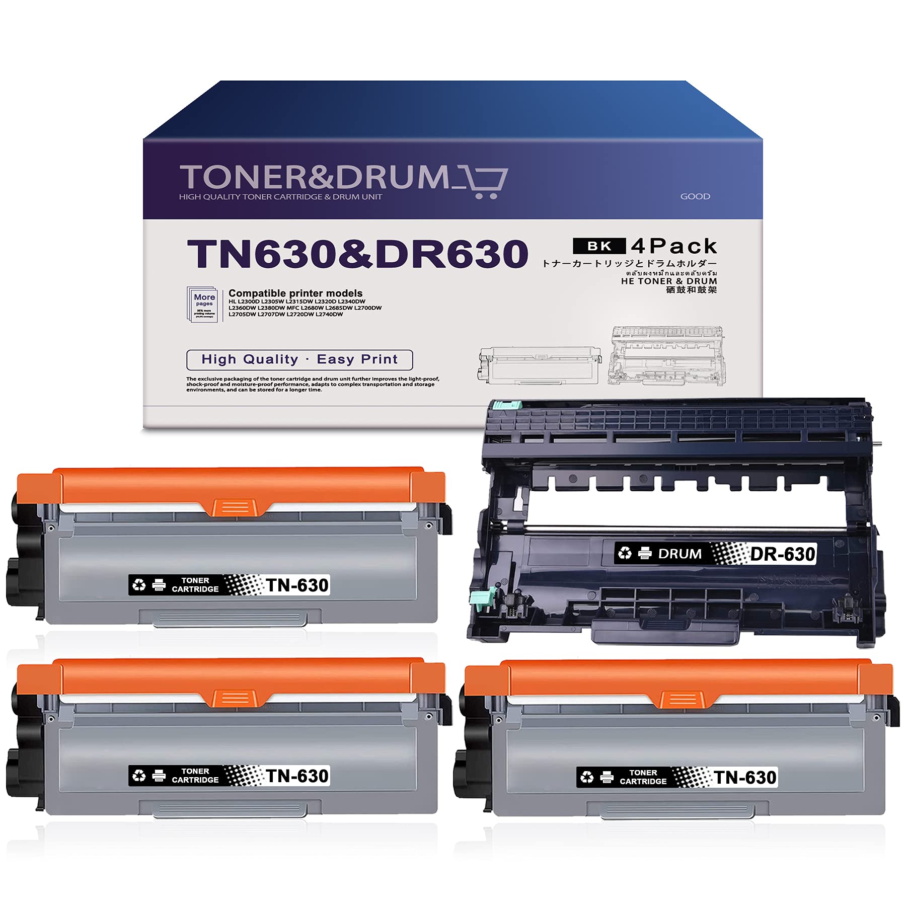 Brother TN630 Toner Cartridge & DR630 Drum Unit (4 Pack, Black) - Compatible Replacement for HL-L2300D, HL-L2305W, L2315DW, L2320D, MFC-L2680W, L2700DW, L2705DW, DCP-L2520DW, L2540DW Printers - Perfect for Home Office & Small Business Printing Needs