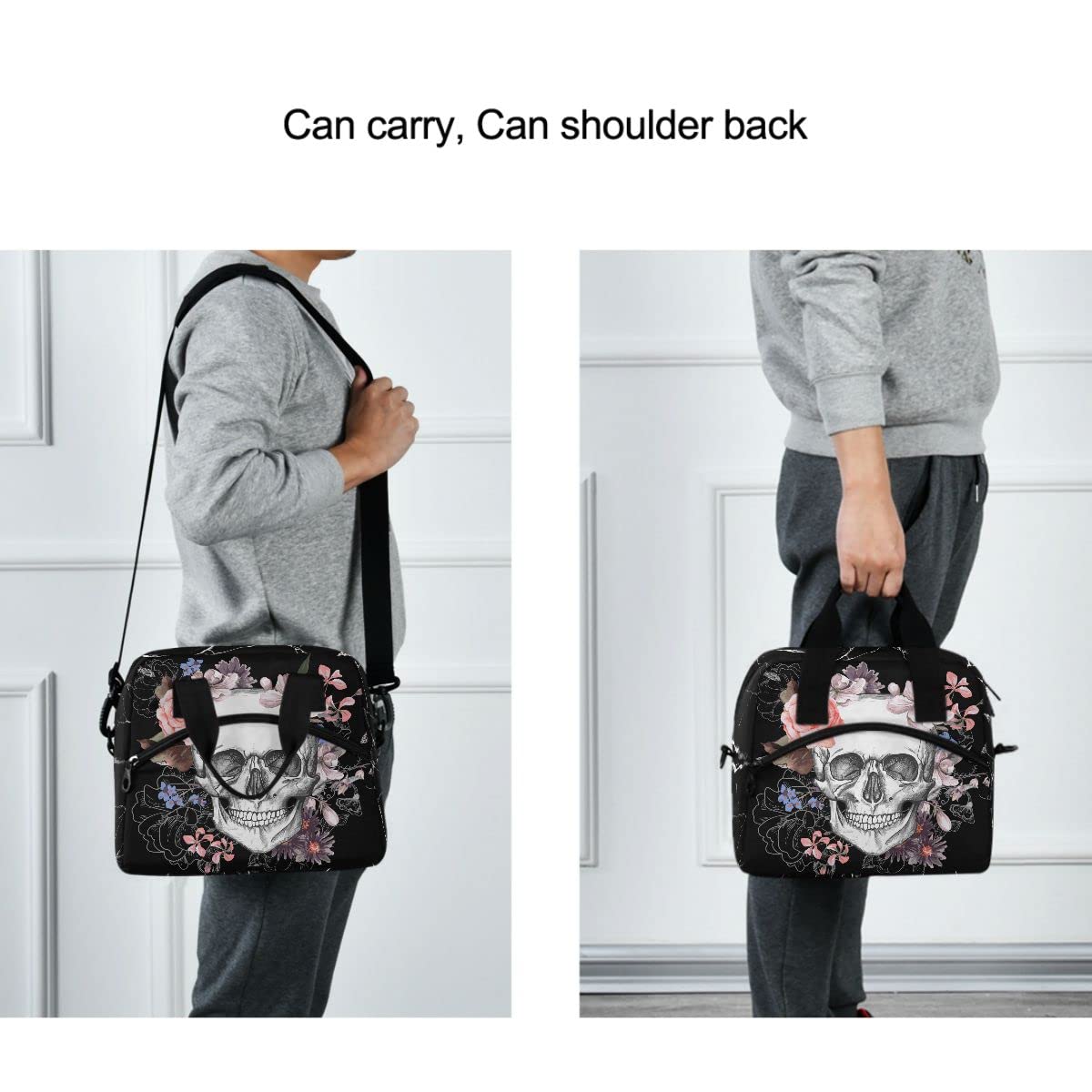 MNSRUU Insulated Lunch Bag with Skull & Floral Design - Reusable Leakproof Lunch Tote for Women & Men - Perfect for Work, School, Picnics & Outdoor Activities