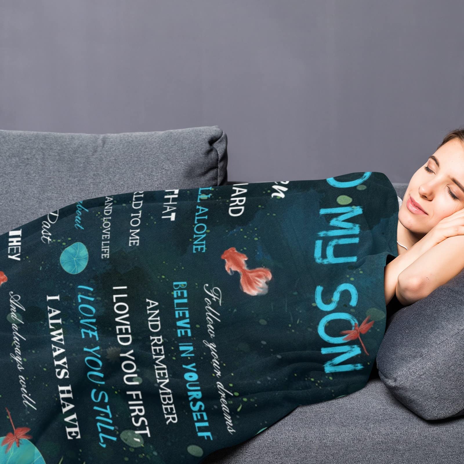 Mom to Son Fleece Flannel Throw Blanket - 80x60 Inch Soft Cozy Blanket for Couch, Sofa & Bed - Family Love Letter Quilt with Positive Encouragement - Perfect Gift for Kids, Living Room & Nursery Comfort