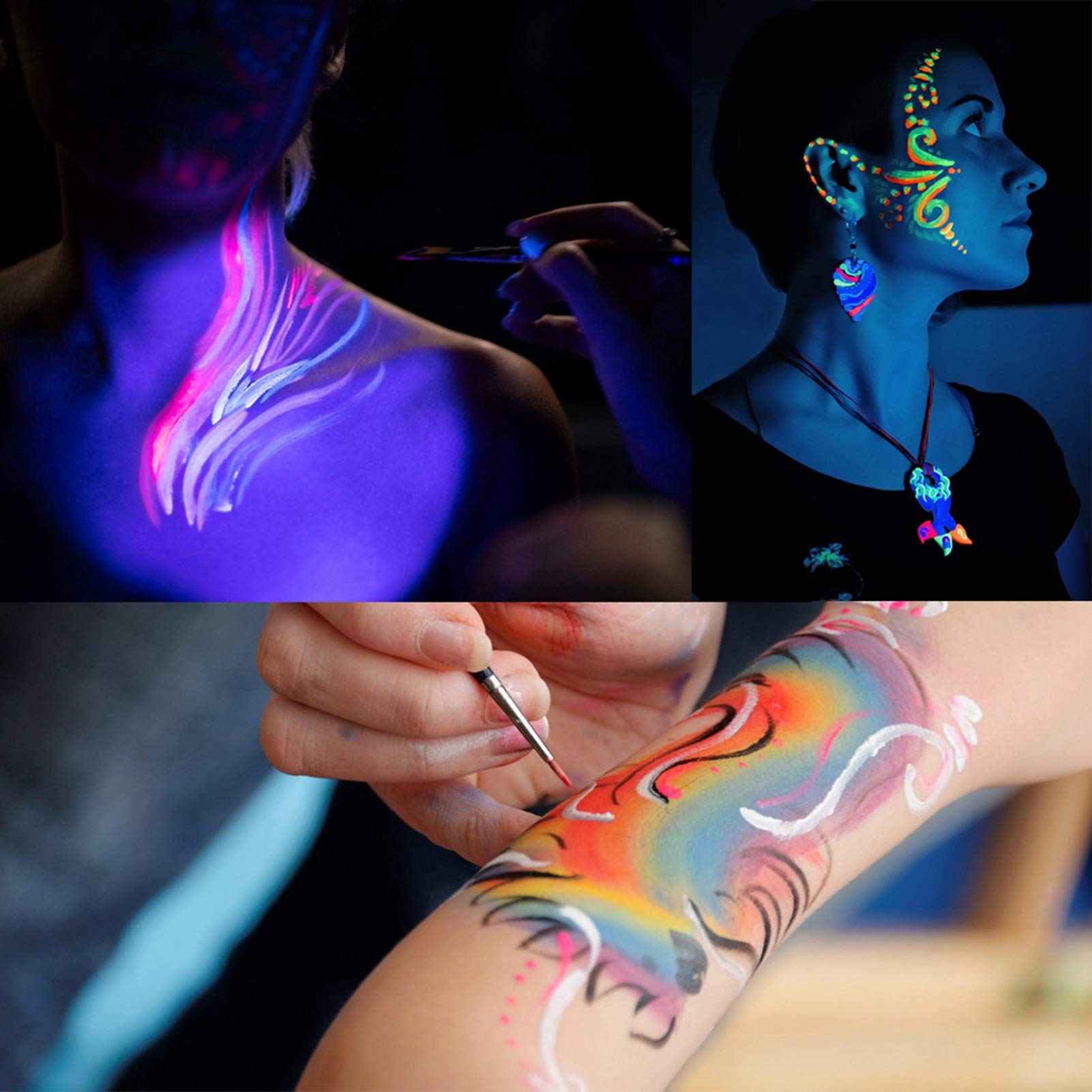 Non-Toxic Water-Based Face & Body Paint Set - Blacklight Fluorescent Paint for Nightclubs, Halloween, Festivals & UV Parties - Safe for Kids & Adults