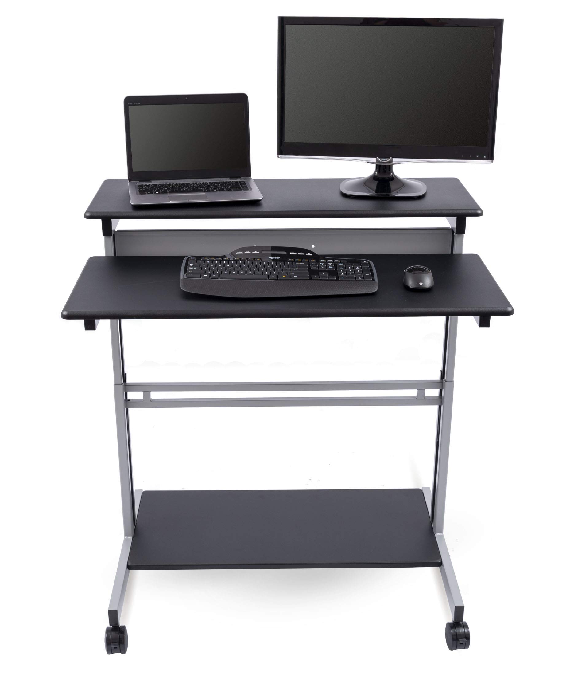 Adjustable Height Rolling Standing Desk with Two-Tier Shelves - Silver Frame & Black Top (40