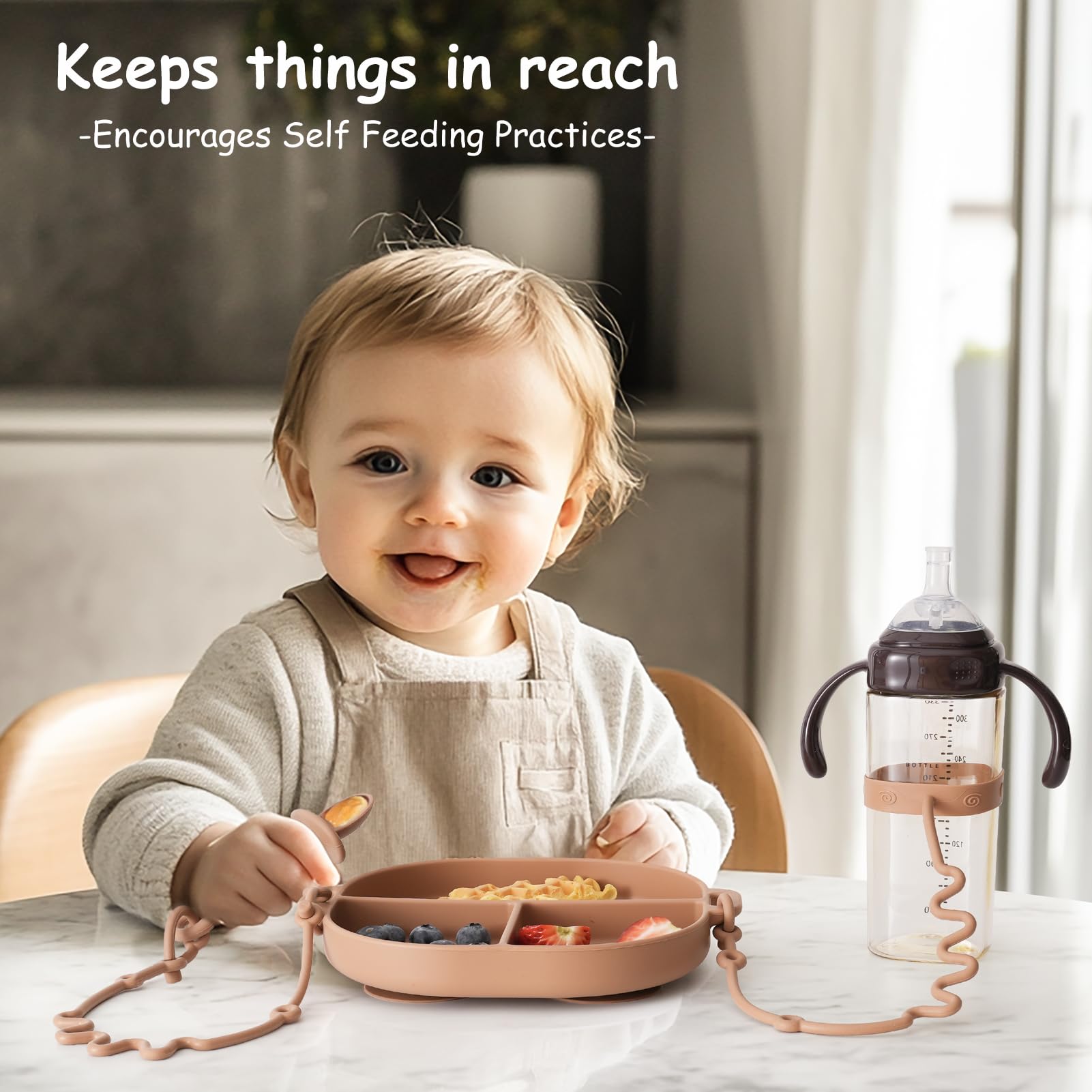 Non-Toxic Silicone Divided Baby Plates with Suction Base & Safety Spoons - BPA-Free Infant Feeding Set with Toy Straps & Bottle Bungees - Perfect for Toddler Mealtime, High Chair Use, and On-the-Go Feeding - Sage Green