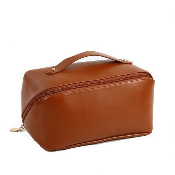 Logicmart Leather Cosmetic Travel Bag for Women - Waterproof Makeup Organizer with Handle (Brown) | Perfect for Air Travel, Vacation & Daily Makeup Storage