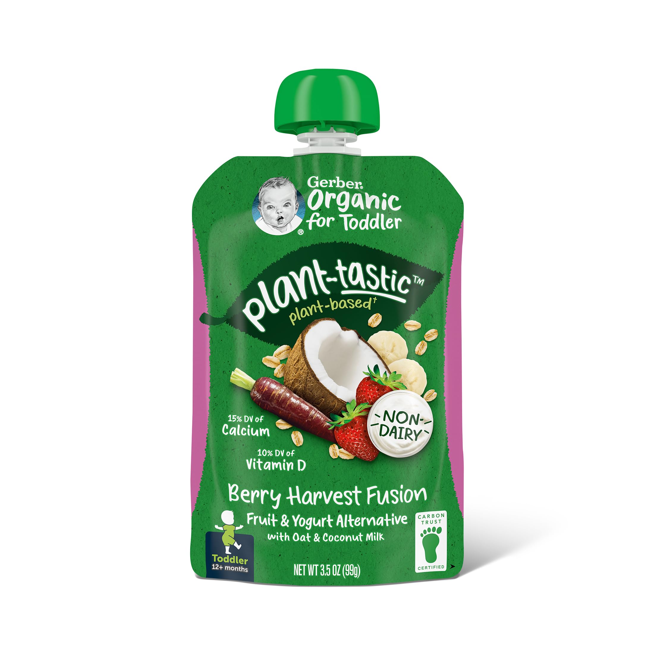 Gerber Organic Baby Food Pouches - Plant-tastic Berry Harvest Fusion with Oat & Coconut Milk | Non-Dairy Fruit & Yogurt Alternative for Toddlers | 3.5 oz (Pack of 12) | Healthy On-the-Go Snack for Daycare, Travel & Outdoor Activities