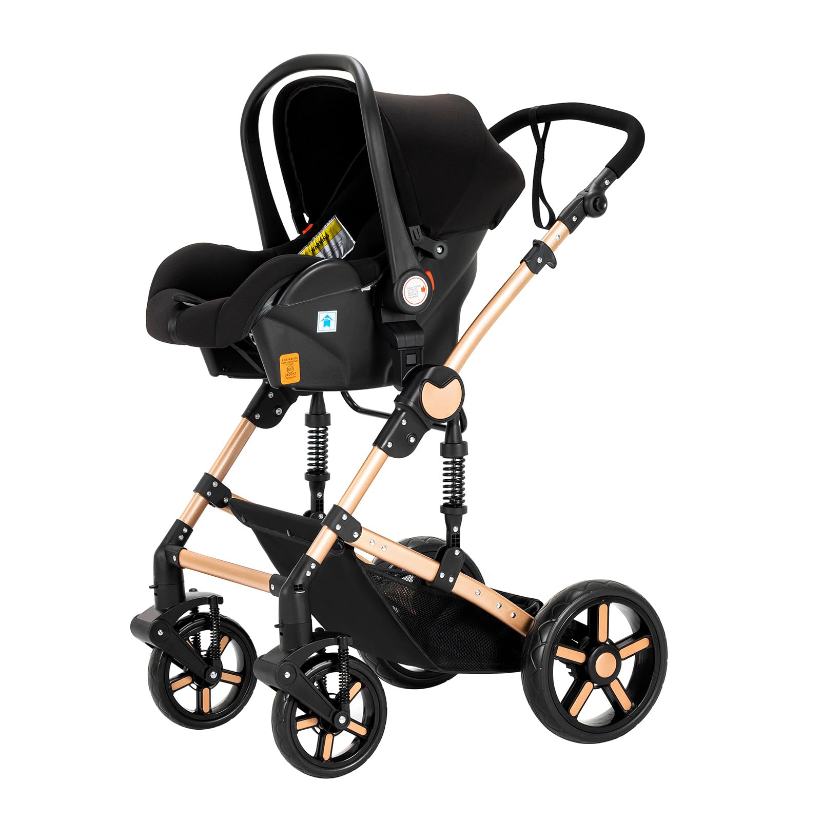 3 in 1 Baby Travel System - Reversible Stroller with Car Seat Base | Foldable Luxury Pram for Newborn & Toddler | Portable Pushchair for Shopping, Park & Travel (UD588-BLACKGOLD)